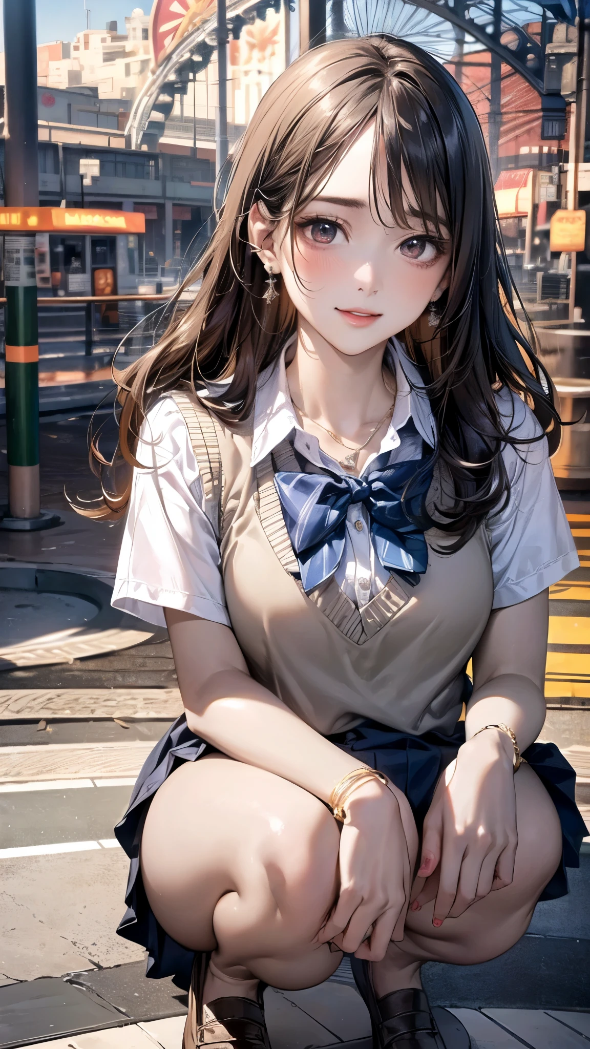 (masterpiece:1.2, top-quality), (realistic, photorealistic:1.4), beautiful illustration, (natural side lighting, movie lighting), nsfw,
beautiful detailed hair, beautiful detailed face, beautiful detailed eyes, beautiful clavicle, beautiful body, beautiful chest, beautiful thigh, beautiful legs, beautiful hands,
looking at viewer, 1 girl, japanese, high school girl, perfect face, cute and symmetrical face, shiny skin,
(long hair, straight hair, brown hair), forehead, gray eyes, slant eyes, big eyes, long eye lasher, (medium breasts), (small ass, thin thighs), slender, outstanding style,
(detailed cloth texture, short sleeve white collared shirt, navy school vest, navy pleated skirt, navy bow tie), earrings, necklace,
(beautiful scenery), amusement park, go-round, ferris wheel, (squatting, crouching, hands on chest, skirt hold), (seductive smile, upper eyes, parted lips),