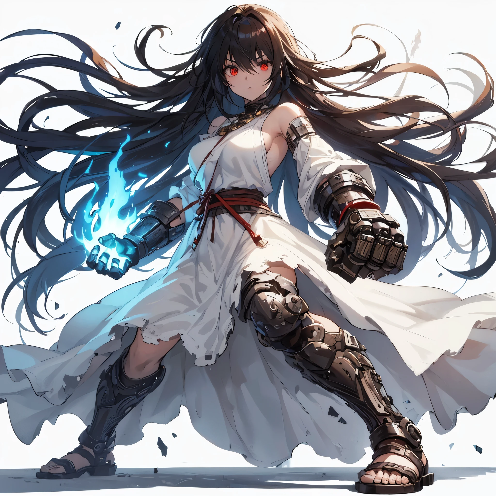 (Masterpiece, top quality), (detailed hair), super detailed, anime style, full body, solo, concept art, cyberpunk grappler girl, very long black hair, brown skin and red eyes, wearing simple white dress, rugged knight gauntlets, Roman gladiator-like sandals, white background, whole body, standing in wasteland, fighting pose, blue burning flame aura,