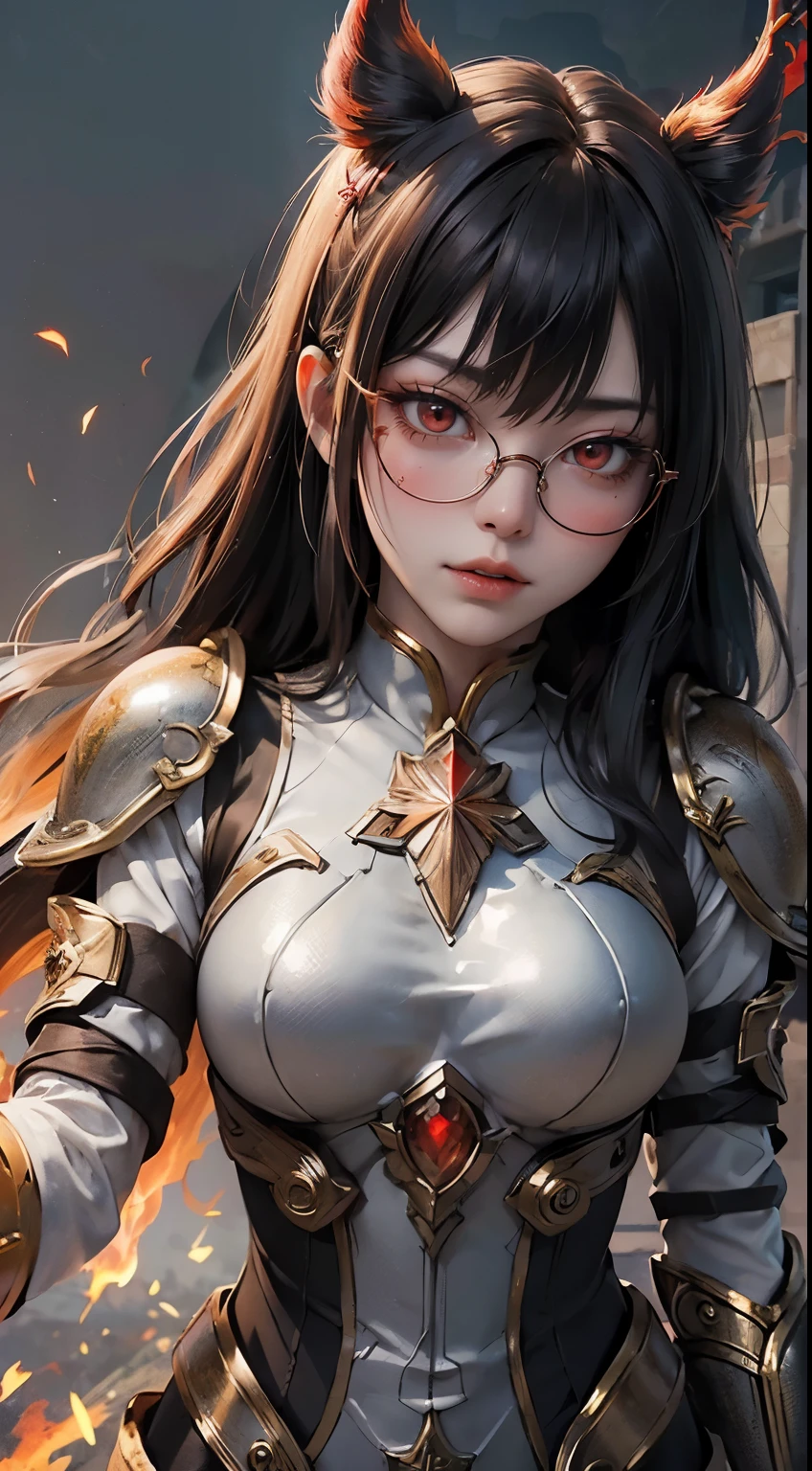 "(highest quality: 1.2), masterpiece, extremely detailed 8k uhd, ((Official Art)), CG, 1 Ultra-Detailed Goddess of War, A temple in the ruins of a ruined empire々Standing Up Together, (Dynamic posture: 1.3), Dense armor reveals the heart of the conflict, (Finer details), Shine光, Places with strong light, (armor of historical importance:1.2), Shine金属の鎧, (鎧にShine魔法のシンボル:1.3), (There was magic all around her.:1.3), Long black hair waving in the wind in every detail, Detailed Weapon Holding, (Sharp Sword, Shine:1.3), 決意とビジョンに満ち溢れたShine瞳, ((Silver Armor)), Ultra-detailed shield with a symbol of steadfastness, (intense expression:1.1), (After her, A new empire is soaring into the sky: 1.4), (Light is、Emphasize her domination and rebirth behind the scenes:1.4), (Fiery red flags fluttered:1.1), (The wind carries whispers of a new beginning:1.1), (wisdom and rebirth:1.2), (Strong stance:1.2), (Overwhelming Mystical Power:1.2), alone, (Shine汗:1.1), Gem Armor, (Silver and gold contrast:1.3), (The overall red color covers the scenery:1.4)"