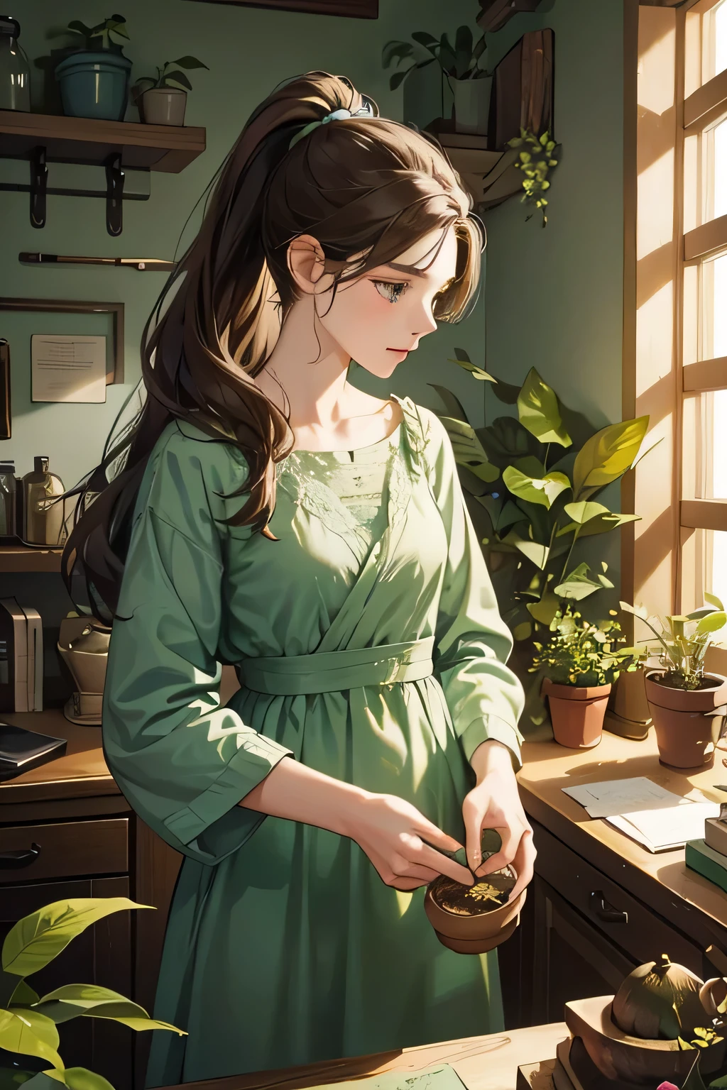 Best image quality, high resolution, 8K, realistic representation in every detail, photorealism. In a room bathed in natural light, a desk is carefully arranged in the midst of a miniature jungle. Shelves overflow with clay pots, each housing a different variety of medicinal plants. At the center of this domestic ecosystem, an 18-year-old woman focuses on her work. Her name is Leslie, a botanist passionate about the botanical diversity and medicinal secrets of plants. Her brown hair is pulled back into a casual ponytail, with a few wavy strands framing her face. her green eyes shine with insatiable curiosity. Clad in a simple floral dress, she seems perfectly at ease among her precious botanical discoveries. Each plant is a puzzle to solve, each leaf a story to tell. For her, the desk is much more than just a workplace; it's her laboratory, her sanctuary, her playground. As her agile fingers carefully manipulate the leaves and petals, she loses herself in thought, imagining the endless possibilities these plants could offer to medicine. But behind her apparent tranquility lies a fierce determination. For Leslie, the plant world still holds so many secrets to uncover, and she is ready to discover them, one plant at a time.