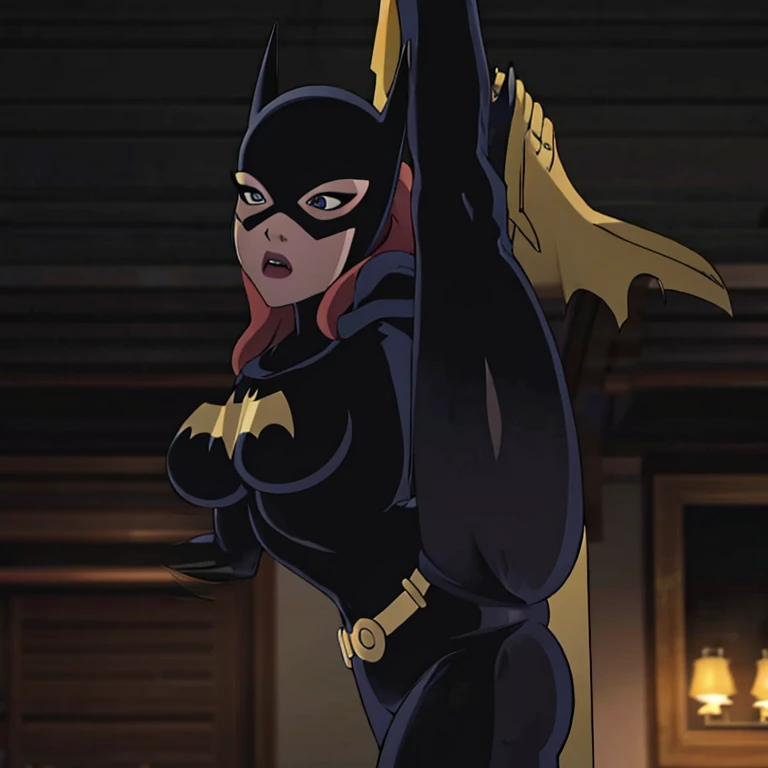 batgirl, large breasts, wide hips, 8k, high resolution, cinematic lighting, big ass, bedroom setting standing split, hard nipples, standing split 
