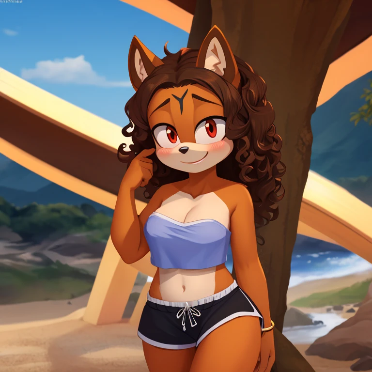 mobian, hedgehog, two-tone fur ((orange fur, brown fur)), pyjama elastic shorts, strapless crop top, cleavage, high-top sneakers, two-tone hair (brown hair, black tip)), curly hair, halo, sunglasses, jewelry, red eyes, longeyelashes, red eyes, smile, shy, blush, high detail, masterpiece, UHD, anatomically correct, super detail, highres, 4K