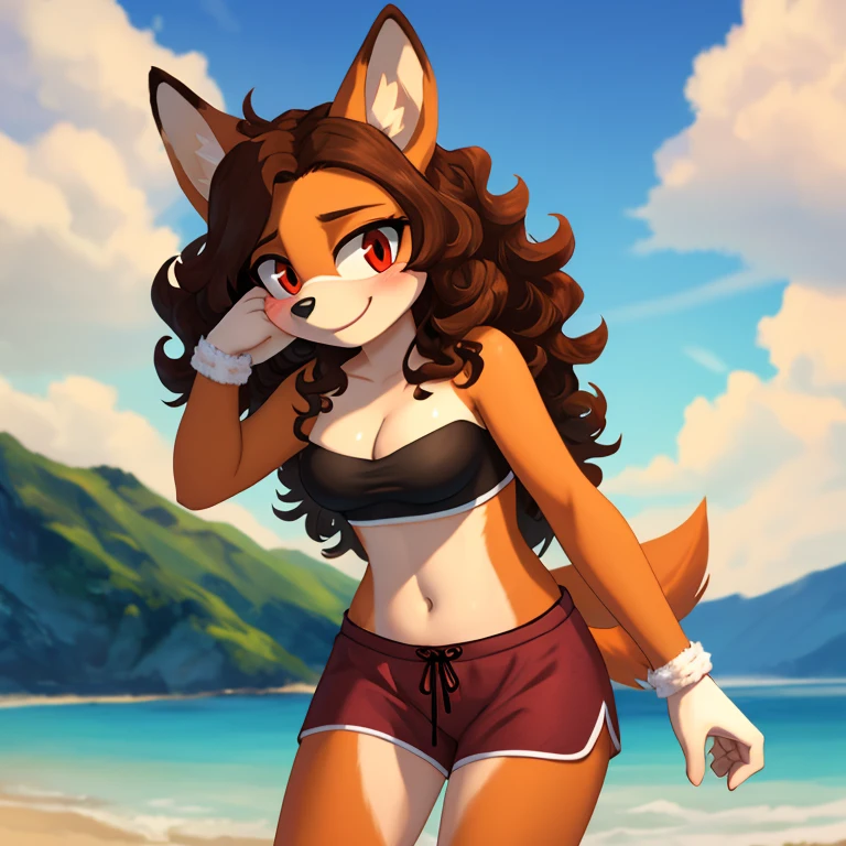 mobian, hedgehog, two-tone fur ((orange fur, brown fur)), pyjama elastic shorts, strapless crop top, cleavage, high-top sneakers, two-tone hair (brown hair, black tip)), curly hair, halo, sunglasses, jewelry, red eyes, longeyelashes, red eyes, smile, shy, blush, high detail, masterpiece, UHD, anatomically correct, super detail, highres, 4K