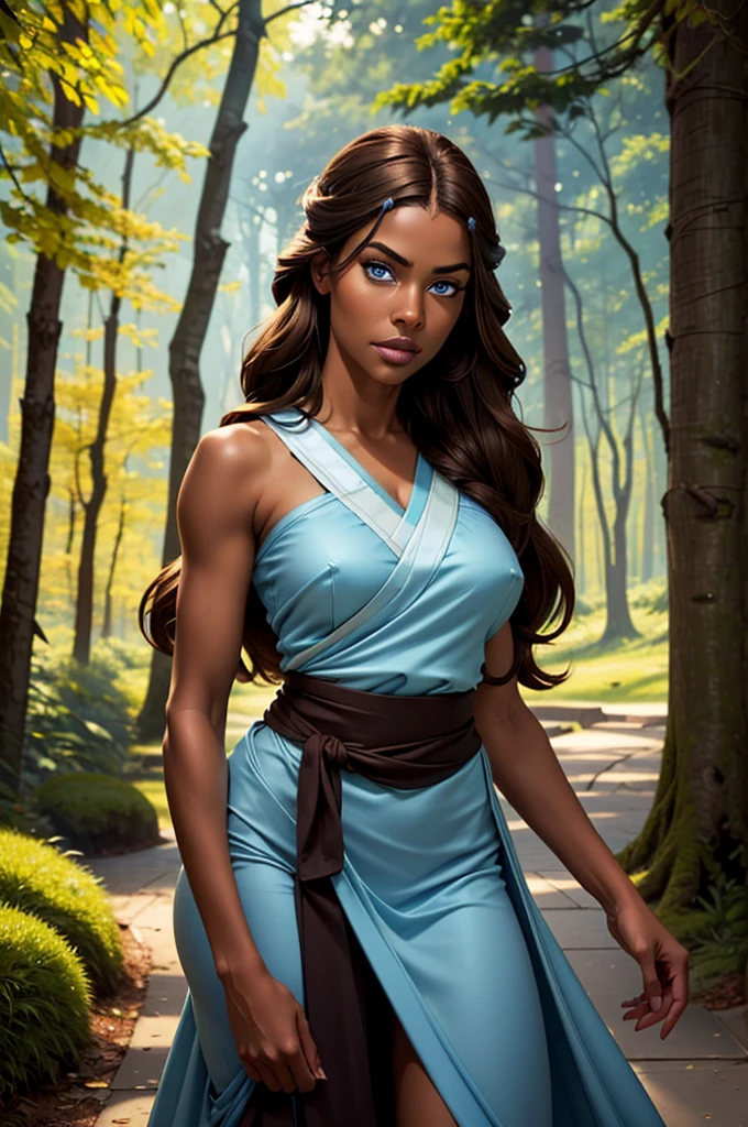 ((ultra quality)), ((masterpiece)), Katara, ((brown-haired long hair)), (Beautiful face), (beautiful female lips), (), charming, ((sexy facial expression)), looks at the camera, (dark skin color), (dark skin), glare on the body, ((Detailed eyes)), ((Dark blue eyes)), (juicy female lips), (brown lips), (dark eyeliner), (beautiful female hands), ((ideal female figure)), ideal female body, beautiful waist, beautiful hips, medium breasts, ((subtle and beautiful)), A seductive stance (close up of face), (dressed in Katara&#39;s clothes) background: beautiful forest near the river, ((depth of field)), ((high quality clear image)), (clear details), ((high detail)), realistically, professional photo session, ((Clear Focus))