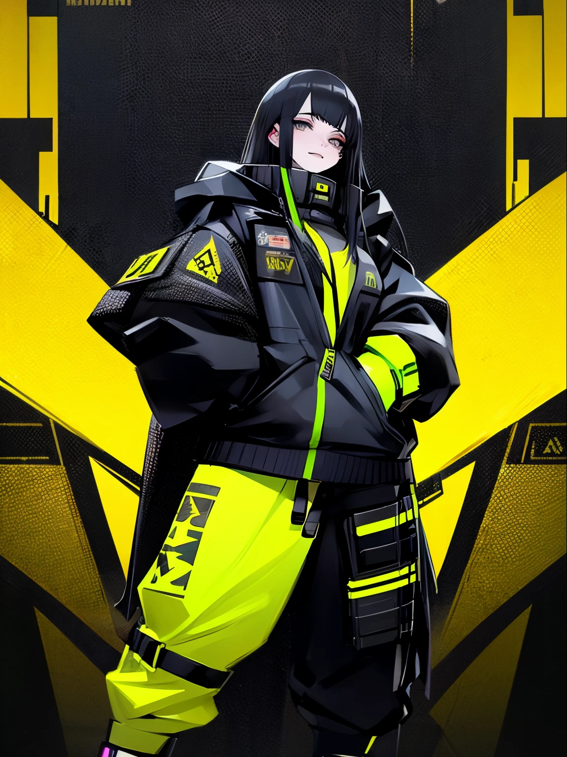 a woman in a black jacket and yellow pants posing, cyber future jacket, cyberpunk streetwear, black and yellow tracksuit, wearing cyberpunk streetwear, cyberpunk anime girl in hoodie, cyberpunk clothes, all black cyberpunk clothes, stylish coat for a rave, e - girl, e-girl, cyberpunk fashion clothing, cyberpunk outfit, black and yellow, cyberpunk fashion clothes