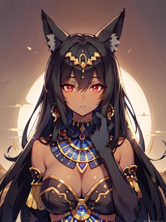 Masterpiece, best quality, expressive eyes, perfect face, 1girl, solo, animal ears, long hair, red eyes, egyptian, dark skin, egyptian, Desert Background, 