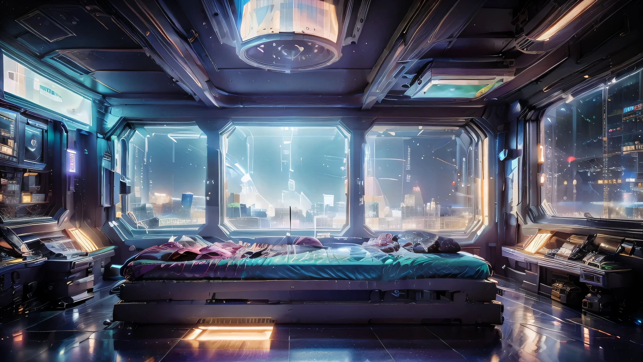 In a cyberpunk room with a privileged view of the city&#39;s skyscrapers, the scene is dominated by an atmosphere of grandeur and isolation. Bedroom windows stretch from floor to ceiling, offering a panoramic view of the gigantic buildings rising beyond the clouds of pollution. The dim, bluish neon light from the streets below invades the room., casting uneven shadows on furniture and walls.

No centro do quarto, a luxurious bed with silk sheets and fluffy pillows offers a retreat from the outside world. Ao lado da cama, a glass table covered in technological devices glows with the light of several holographic screens, displaying data and information in constant flux.

Do lado oposto do quarto, an entire wall is occupied by a holographic projection screen, which displays a panoramic view of the cyberpunk city in all its grandeur. The buildings stretch to the horizon, illuminated by twinkling neon lights and holographic screens that flash and dance in a spectacle of colors and shapes.