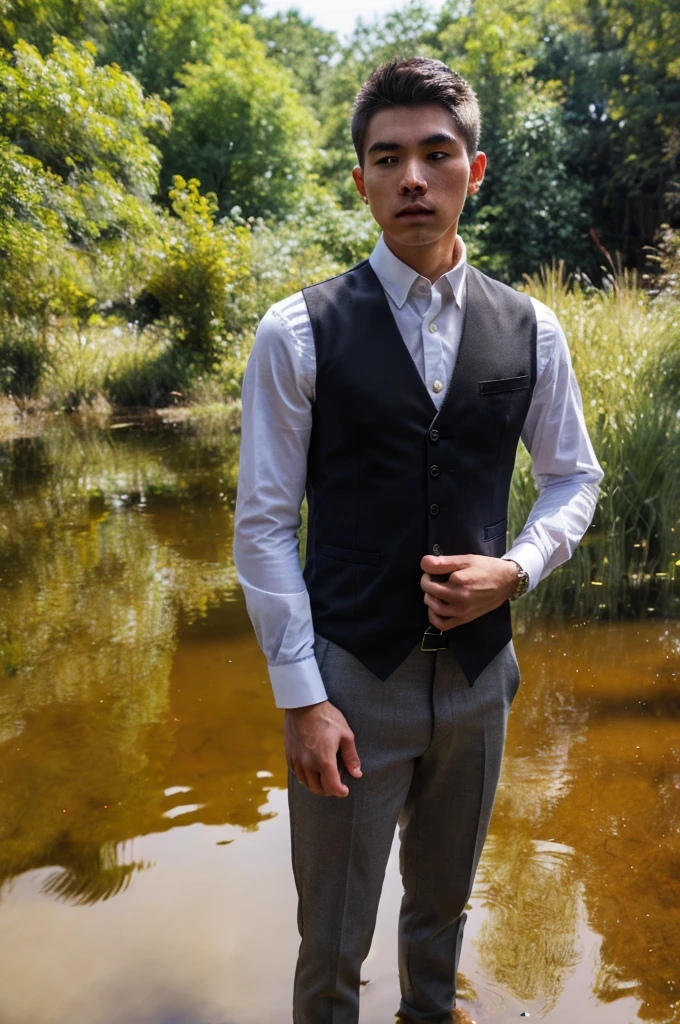 (masterpiece, Best quality), (young man standing in a pond) (detailed face), (black vest, White shirt (detailed skin:1.3)) ,, (sharp focus)
