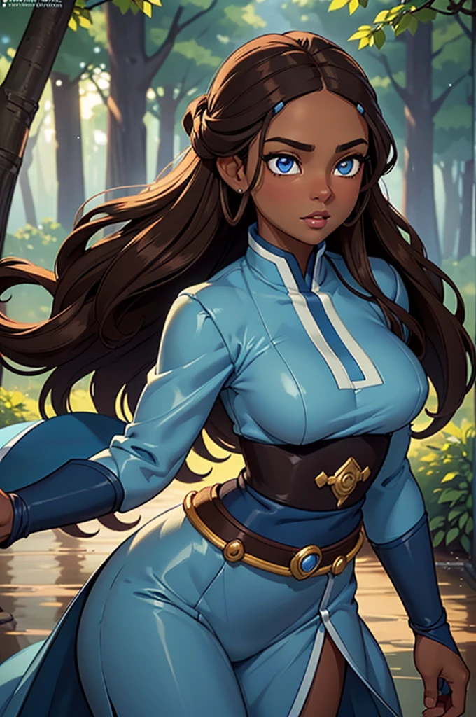 ((ultra quality)), ((masterpiece)), Katara, ((brown-haired long hair)), (Beautiful face), (beautiful female lips), (), charming, ((sexy facial expression)), looks at the camera, (dark skin color), (dark skin), glare on the body, ((Detailed eyes)), ((Dark blue eyes)), (juicy female lips), (brown lips), (dark eyeliner), (beautiful female hands), ((ideal female figure)), ideal female body, beautiful waist, beautiful hips, medium breasts, ((subtle and beautiful)), A seductive stance (close up of face), (dressed in Katara&#39;s clothes) background: beautiful forest near the river, ((depth of field)), ((high quality clear image)), (clear details), ((high detail)), realistically, professional photo session, ((Clear Focus))
