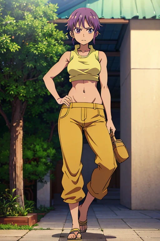pixel art anime of tan-skinned girl Viola with sleeveless shirt and trousers, belly making noises, a character from one piece, anime, highly detailed