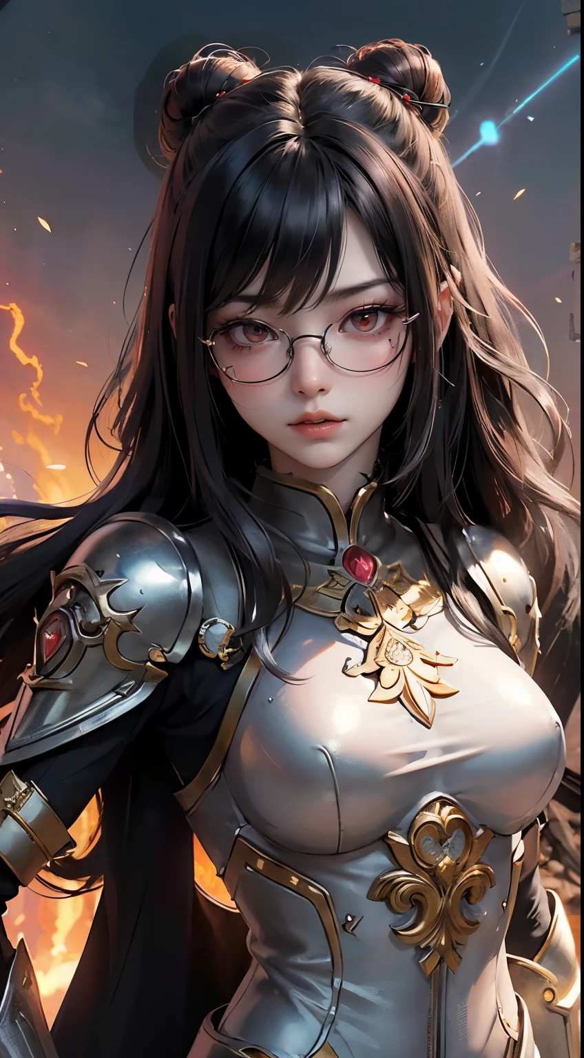 "(highest quality: 1.2), masterpiece, extremely detailed 8k uhd, ((Official Art)), CG, 1 Ultra-Detailed Goddess of War, A temple in the ruins of a ruined empire々Standing Up Together, (Dynamic posture: 1.3), Dense armor reveals the heart of the conflict, (Finer details), Shine光, Places with strong light, (armor of historical importance:1.2), Shine金属の鎧, (鎧にShine魔法のシンボル:1.3), (There was magic all around her.:1.3), Long black hair waving in the wind in every detail, Detailed Weapon Holding, (Sharp Sword, Shine:1.3), 決意とビジョンに満ち溢れたShine瞳, ((Silver Armor)), Ultra-detailed shield with a symbol of steadfastness, (intense expression:1.1), (After her, A new empire is soaring into the sky: 1.4), (Light is、Emphasize her domination and rebirth behind the scenes:1.4), (Fiery red flags fluttered:1.1), (The wind carries whispers of a new beginning:1.1), (wisdom and rebirth:1.2), (Strong stance:1.2), (Overwhelming Mystical Power:1.2), alone, (Shine汗:1.1), Gem Armor, (Silver and gold contrast:1.3), (The overall red color covers the scenery:1.4)"