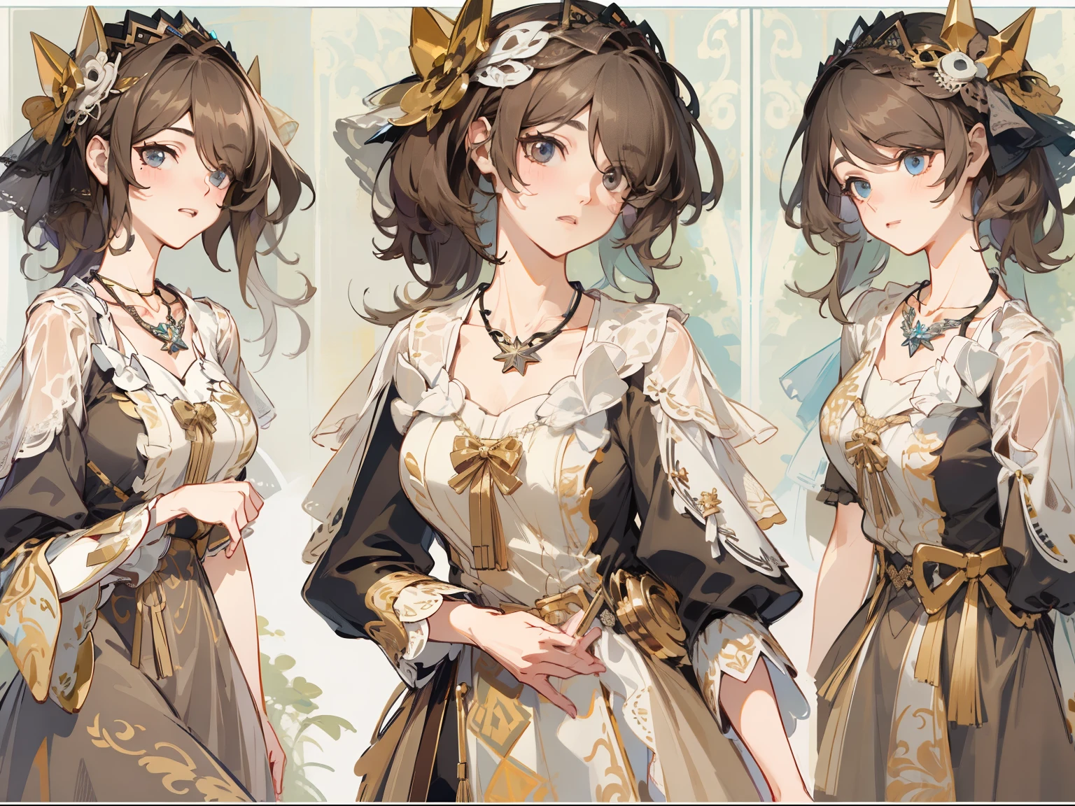 (Masterpiece, best quality) detailed, Detailed face, one eye covered by bangs, character sheet, full bodyesbian, many items (same person, dress, necklace, lace, bow, shoes, decoration, many parts), aristocratic woman, gentle, good-looking skirt, full of details, clear outfit design
