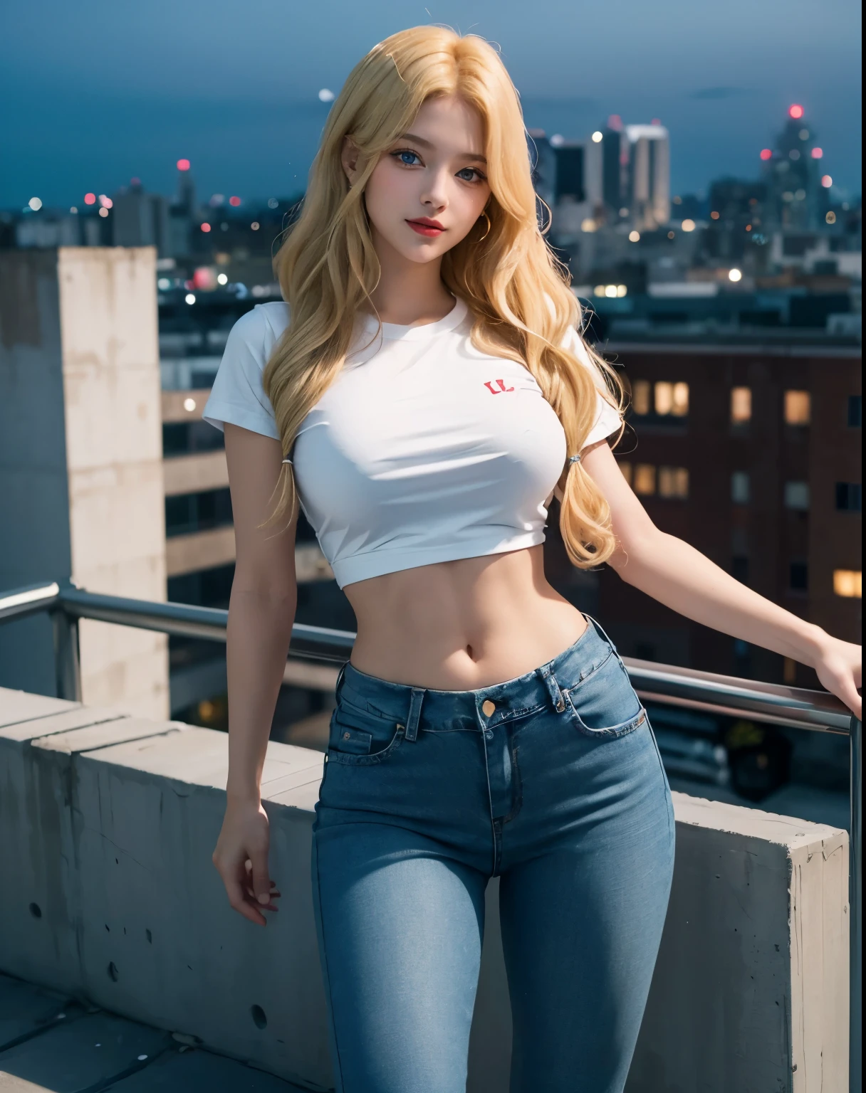 1girl, (Blue Eyes), (smiling), (Sana Minatozaki), (beautiful makeup :1.2), wide hips, Big , big ass, (thin waist: 1.2), (thick and toned thighs), (Best Quality, 8k, Masterpiece: 1.3), Clear Focus: 1.2, Perfect Body Beauty: 1.4, strong abs, Highly detailed face and skin texture, detailed eyes, double eyelids, red lips, (blonde long wavy hair :1.2), (White tight tshirt), (jean gardener :1.2), standing, dynamic pose, in a Rooftop, city at night in the background