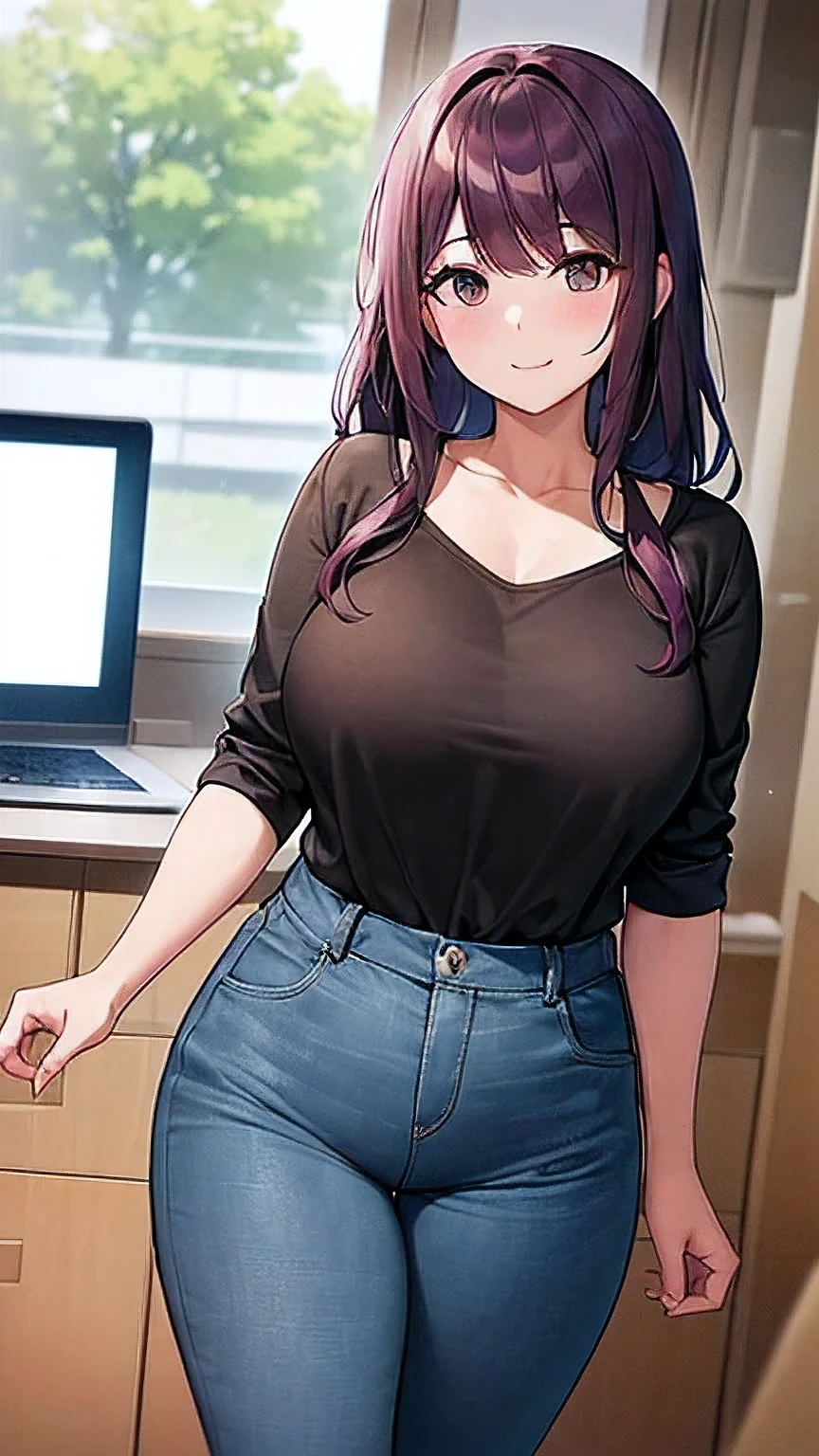 (8k, RAW foto, mejor calidad, (Obra maestra, super high quality, super detailed), anime style chica joven, random color of hair and style Absoluto, detalles intrincados, Mujer arafed apoyada en un escritorio con tres pantallas de computadora., showing stock charts, En frente de una computadora, sentado en una computadora desk, mirando el monitor, sentado frente a la computadora, sentado en una computadora, Comercio, sentado en un escritorio, Proveedores, Comercio stocks, centrado en el centro, sentado en el escritorio, accurately portrayed, A confident, curvy woman with a captivating smile, Cuerpo completo ((manos finas y detalladas)), mostrando su figura y una cintura bien definida, culata, vista trasera