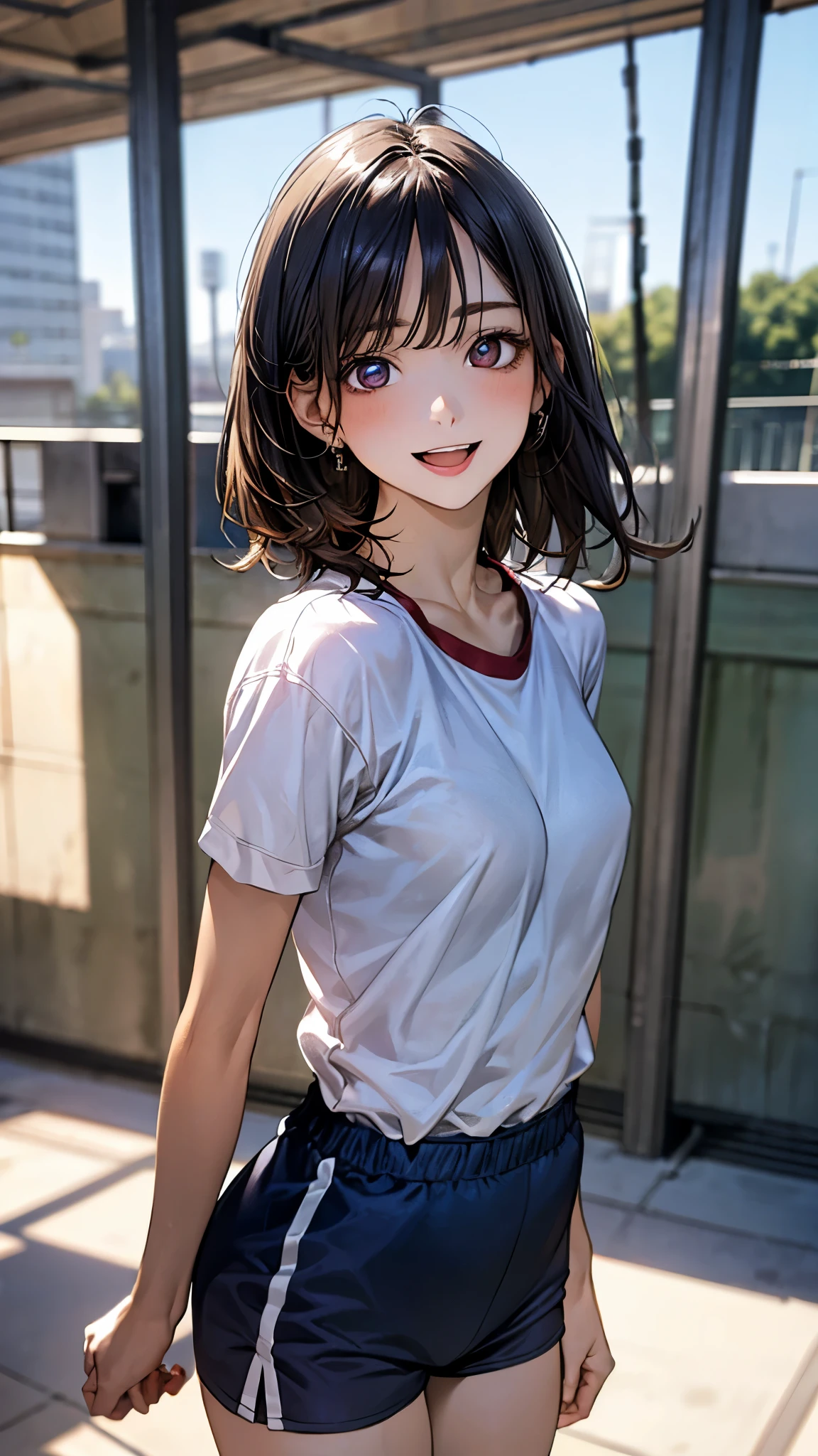(masterpiece:1.2, top-quality), (realistic, photorealistic:1.4), beautiful illustration, (natural side lighting, movie lighting), nsfw,
beautiful detailed hair, beautiful detailed face, beautiful detailed eyes, beautiful clavicle, beautiful body, beautiful chest, beautiful thigh, beautiful legs, beautiful hands,
looking at viewer, 1 girl, japanese, high school girl, 14 years old, perfect face, cute and symmetrical face, shiny skin,
(short hair, straight hair, black hair), swept bangs, marooon eyes, long eye lasher, (medium breasts), (small ass, thin thighs), slender, outstanding style,
(detailed cloth texture, sexy white and blue see-through gym clothes and shorts),
(beautiful scenery), (schoolyard), walking, (cheeks turn red, smile, open mouth),