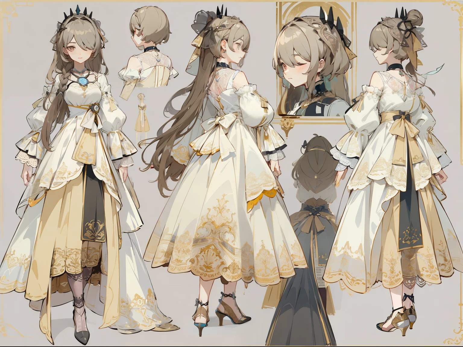 (Masterpiece, best quality) detailed, Detailed face, one eye covered by bangs, character sheet, full bodyesbian, many items (same person, dress, necklace, lace, bow, shoes, decoration, many parts), aristocratic woman, gentle, good-looking skirt, full of details, clear outfit design