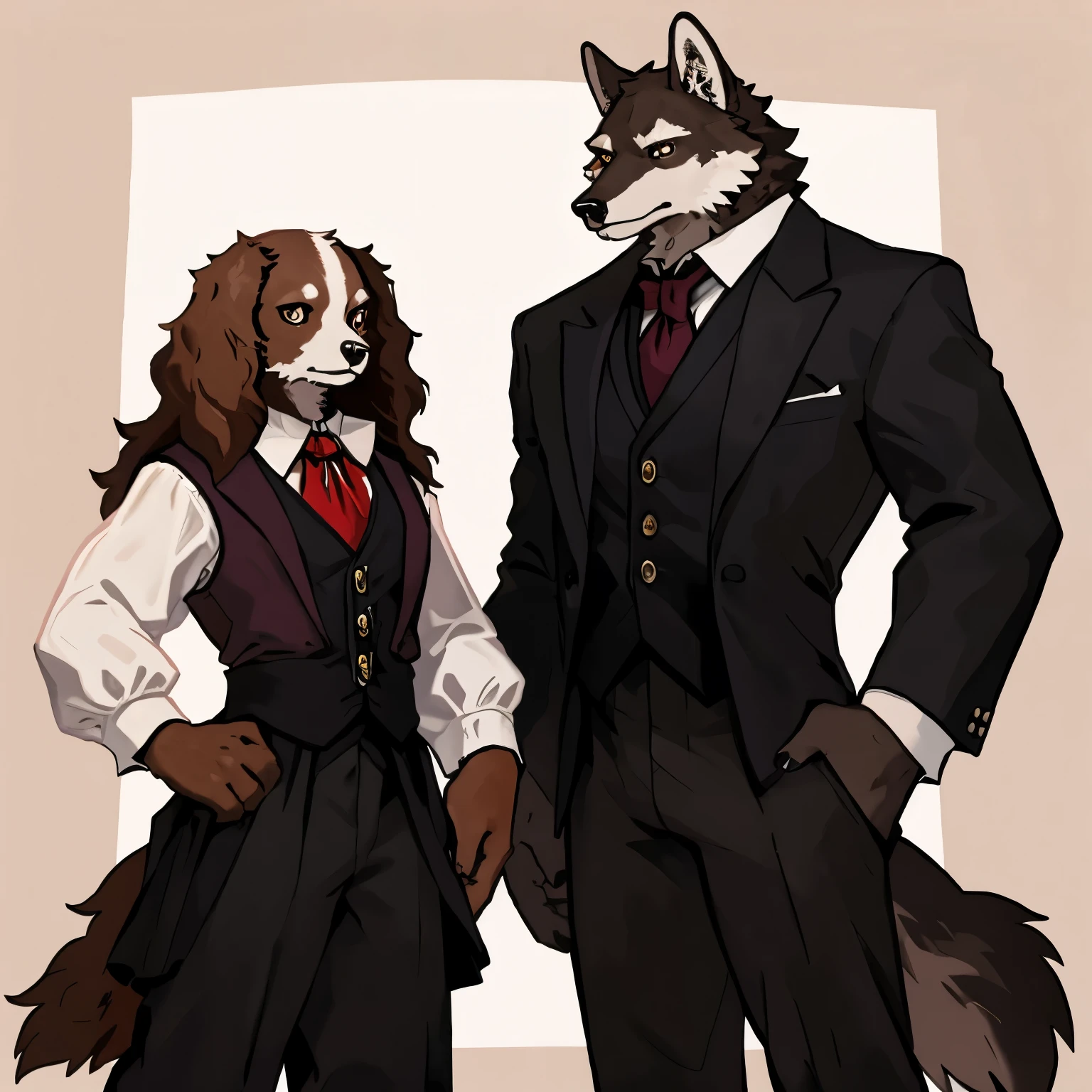 An anthropomorphic male Cocker Spaniel, with red eyes, white and brown fur, and a slim body. He has long hair. He wears a black Victorian-style vest suit with a white button-down blouse underneath and a wine-colored tie with long sleeves and a wine-colored sash tied around his waist, burgundy long pants. He is next to a tall, strong and muscular An anthropomorphic grey wolf with yellow eyes, tall, strong, muscular, and . He wears a black overcoat, and underneath, a black Victorian-era-style suit with a black tie, black pants, and black shoes. The two are together and are taking a couple photo. the gray wolf is married to the male cocker spaniel