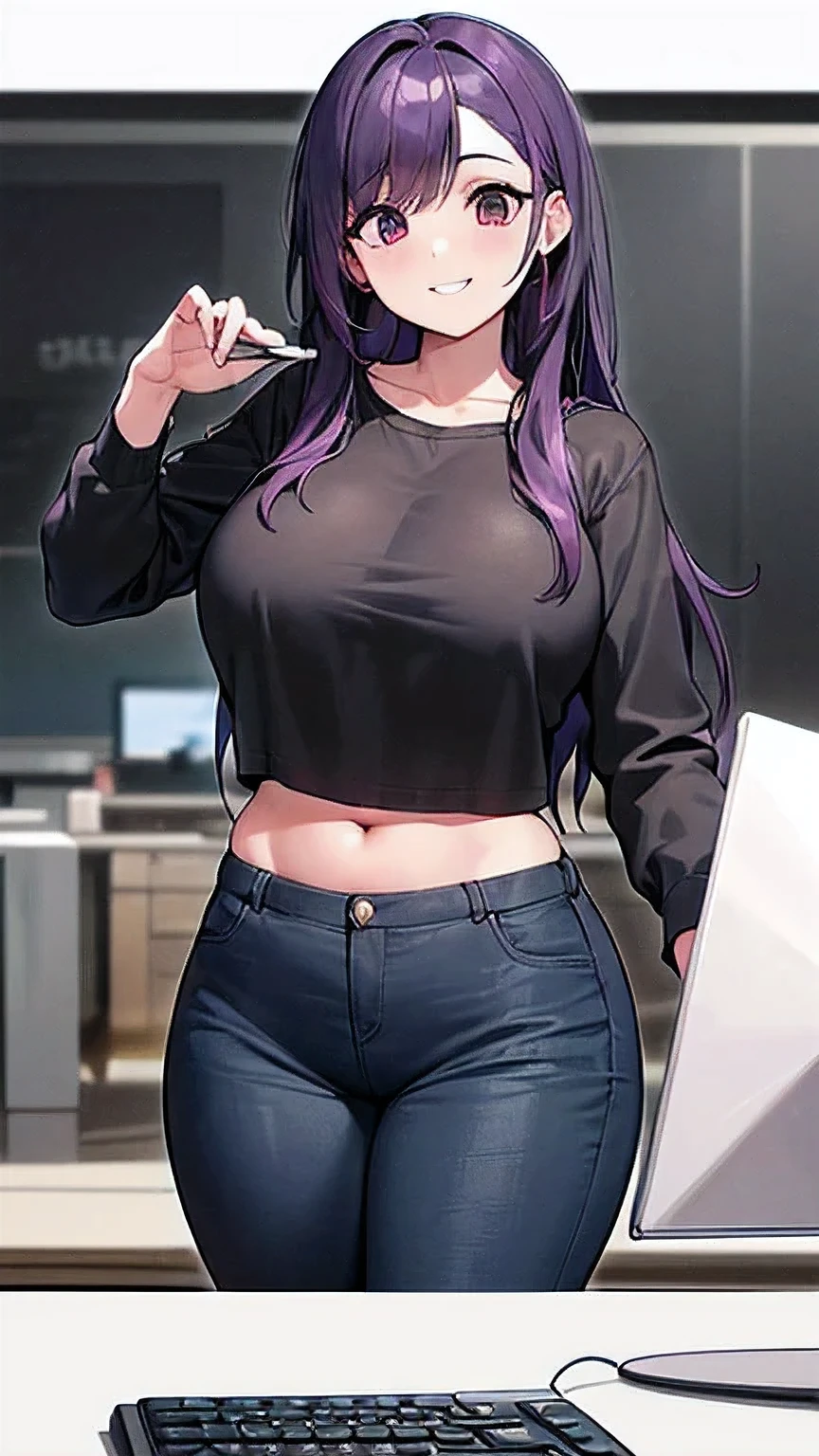 (8k, RAW foto, mejor calidad, (Obra maestra, super high quality, super detailed), anime style chica joven, random color of hair and style Absoluto, detalles intrincados, Mujer arafed apoyada en un escritorio con tres pantallas de computadora., showing stock charts, En frente de una computadora, sentado en una computadora desk, mirando el monitor, sentado frente a la computadora, sentado en una computadora, Comercio, sentado en un escritorio, Proveedores, Comercio stocks, centrado en el centro, sentado en el escritorio, accurately portrayed, A confident, curvy woman with a captivating smile, Cuerpo completo ((manos finas y detalladas)), mostrando su figura y una cintura bien definida, culata, vista trasera