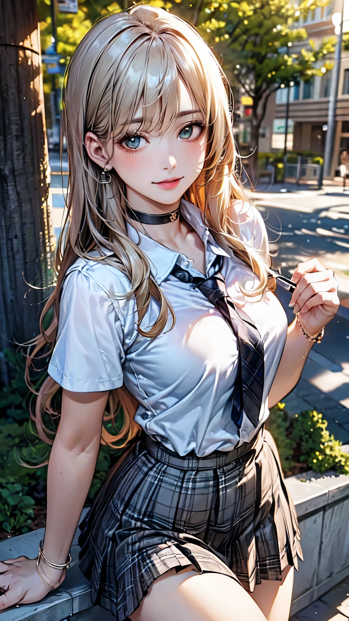 (masterpiece:1.2, top-quality), (realistic, photorealistic:1.4), beautiful illustration, (natural side lighting, movie lighting),
looking at viewer, full body, 1 girl, japanese, high school girl, perfect face, cute and symmetrical face, suntan, shiny skin,
(long hair:1.5, straight hair:1.4, blond hair), hair over one eye:1.4, emerald green eyes, long eye lasher, (large breasts:0.6),
beautiful hair, beautiful face, beautiful detailed eyes, beautiful clavicle, beautiful body, beautiful chest, beautiful thigh, beautiful legs, beautiful fingers,
((collared short sleeve shirt, light blue shirt, , grey plaid pleated skirt, black tie), black choker, wrist chakra), light blue panties,
(beautiful scenery), school, (liftting skirt, standing, open legs), (seductive smile, in heat),