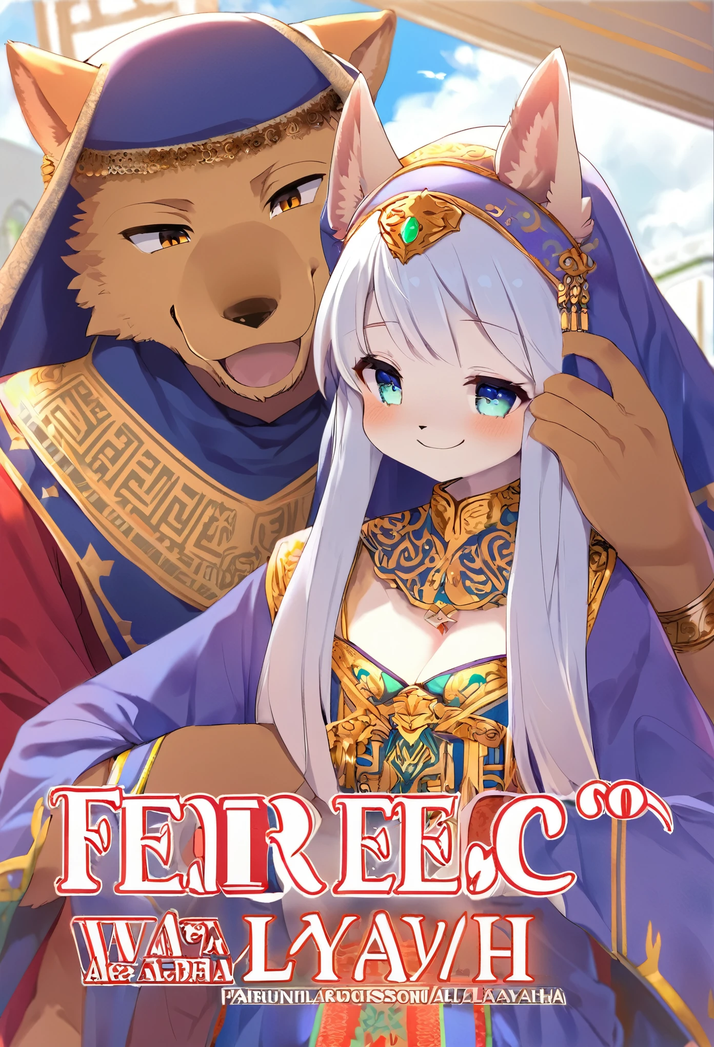 doujinshi cover_page, highres, top quality, best quality, paid reward available, unparalleled masterpiece, perfect artwork, absurdres, High-quality illustrations, super high resolution, detailed background, perfect anatomy(1girl, 1boy, couple, kemono, furry anthro, fearless smile, Arab national costume, love romance)The Arabian Nights, Alf Laylah wa Laylah,