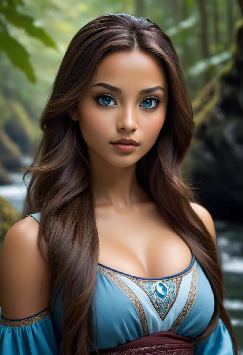 ((ultra quality)), ((masterpiece)), Katara, ((brown-haired long hair)), (Beautiful face), (beautiful female lips), (), charming, ((sexy facial expression)), looks at the camera, (dark skin color), (dark skin), glare on the body, ((Detailed eyes)), ((Dark blue eyes)), (juicy female lips), (brown lips), (dark eyeliner), (beautiful female hands), ((ideal female figure)), ideal female body, beautiful waist, beautiful hips, medium breasts, ((subtle and beautiful)), A seductive stance (close up of face), (dressed in Katara&#39;s clothes) background: beautiful forest near the river, ((depth of field)), ((high quality clear image)), (clear details), ((high detail)), realistically, professional photo session, ((Clear Focus))
