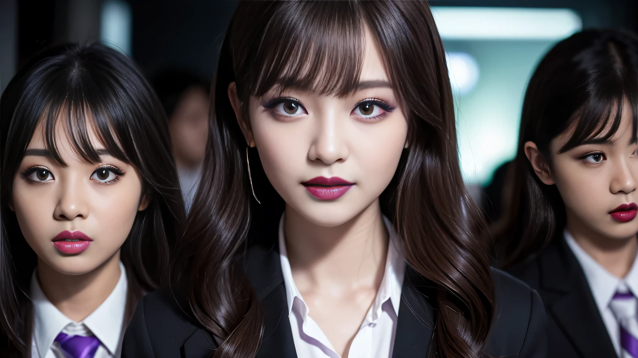 best quality、ultra-detailed、4k、Japanese、Seductive beauty、seductive adult woman、Pretty Woman、cool girl、Villainess、Brainwashed、brainwash、Fallen into evil、smirk、Evil look、Wicked Smile、evil、Brown hair、wavy hair、swept bangs、dark makeup、dark makeup、piercing eyes、hollow eyes,half-closed eyes、Hollow Eyes、purple Eyeshadow、black lipstick、black lipglos、Female student、uniform、blazer、night、inside darkroom、Seduce、Applying lipstick、