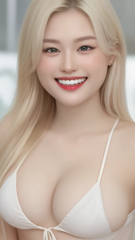 (realistic、masterpiece、Best Quality、8K、highres、white background, high resolution:1.3)、1 chubby girl:1.3)、(grin smile, show teeth:1.3),, looking at viewers, black lace bikini、pale white skin、very blond hair ,very pale skin, extremely pale blonde hair, ivory pale skin, very white skin, pale skin, very pale white skin, very pale white skin,white skin and pale porcelain, white and pale skin, fair and pale skin!!,  long blonde hair, looking at viewers、super fine face and eyes、long blonde hair、 ((full breasts:1.3)), indoor、 upper body、