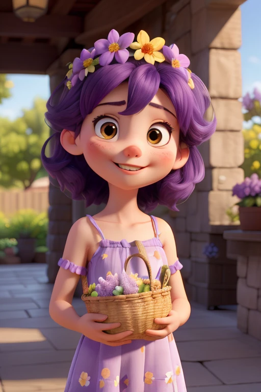 ((Best quality at best)), ((tmasterpiece)), (Detailed pubic hair), s the perfect face, A cute three-year-old , Hand holding a basket of flowers, resting on chest, long sundress, Head decorated with purple lilac flowers, In a sunshine, Under the blurry shade, radiantsmile