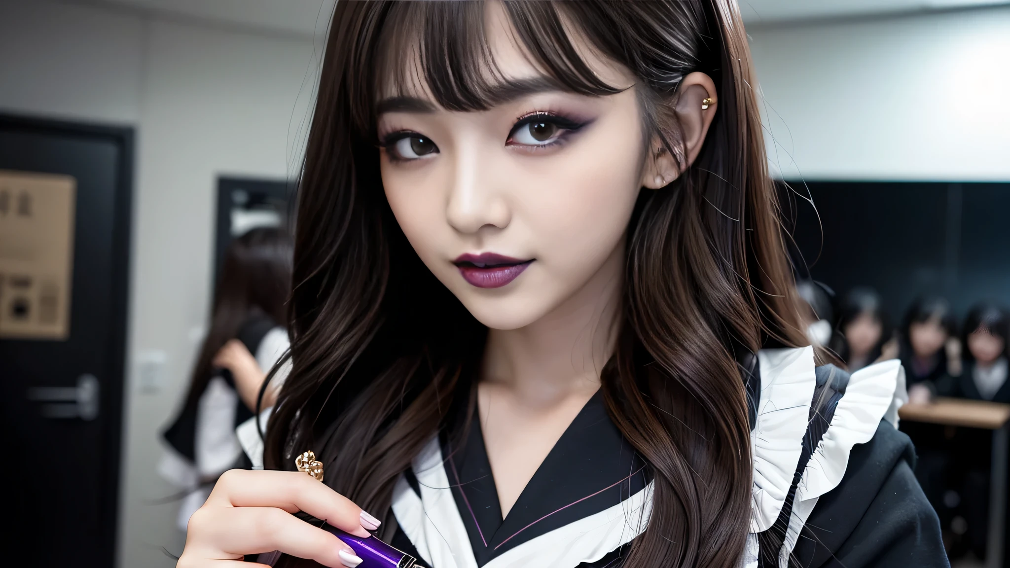 best quality、ultra-detailed、4k、Japanese、Seductive beauty、seductive adult woman、Pretty Woman、cool girl、Villainess、Brainwashed、brainwash、Fallen into evil、smirk、Evil look、Wicked Smile、evil、Brown hair、wavy hair、swept bangs、dark makeup、dark makeup、piercing eyes、hollow eyes,half-closed eyes、Hollow Eyes、purple Eyeshadow、black lipstick、black lipglos、Female student、uniform、Sailor suit、night、inside darkroom、Seduce、Applying lipstick、
