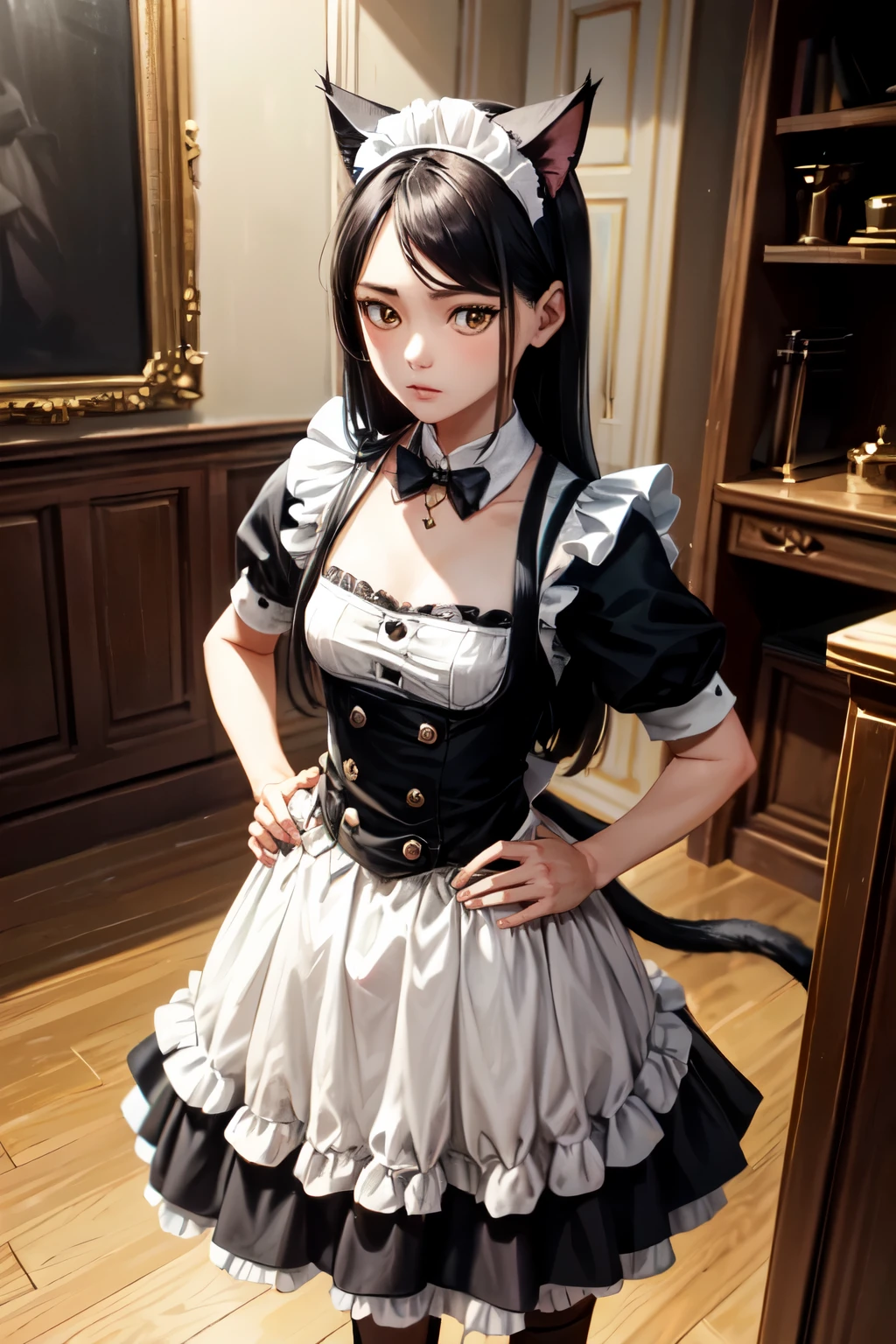 Female 18+: front further away , small breasts, black long hair , cat ears, cat tail, 160 cm, brown eyes, standing in the middle of the room, whole body faces the front, maid costume, put hands on hips, looking to the front,
