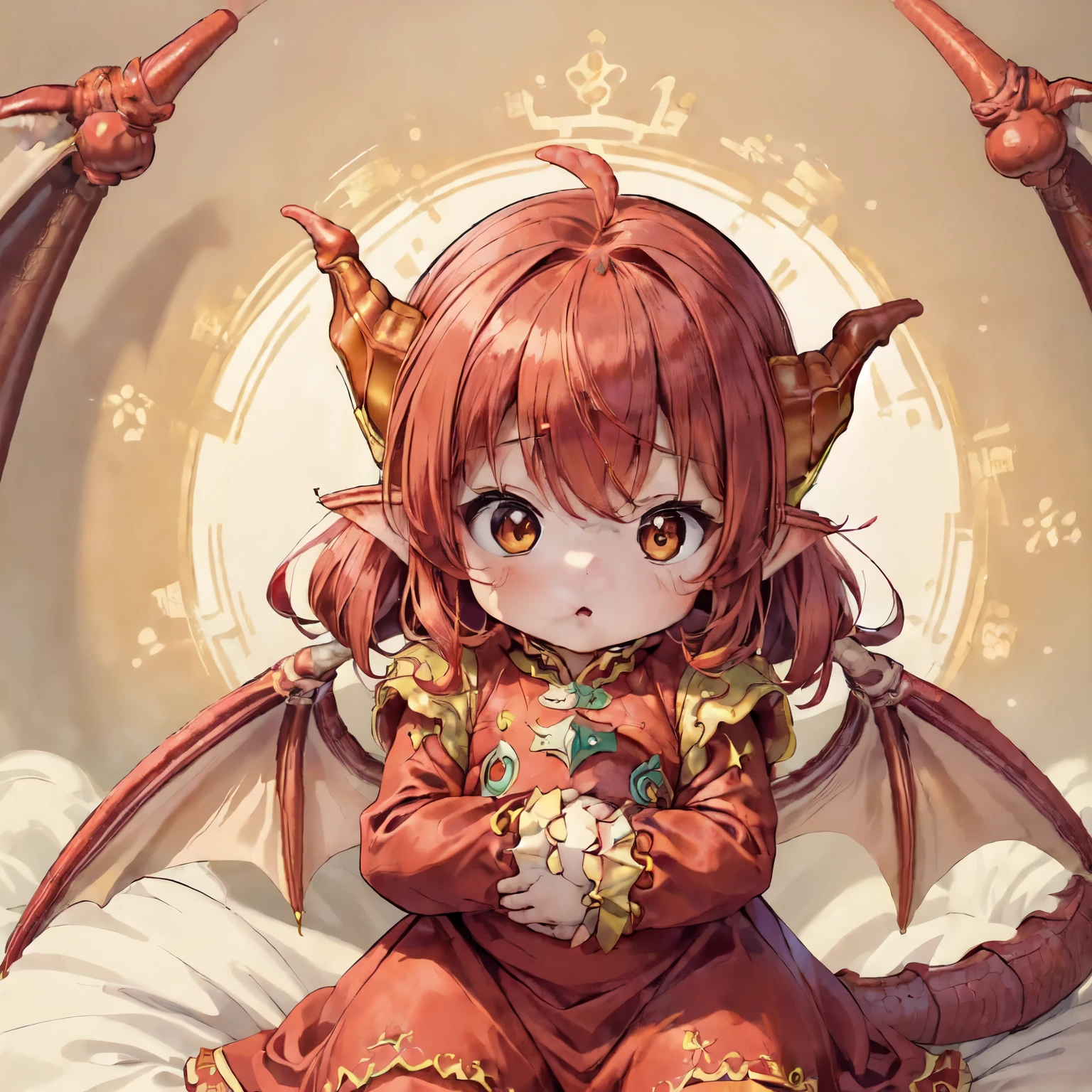 (masterpiece:1.2), (A baby red dragongirl:1.5), Cute baby, intricate outfit, yellow mane, her face is very close to that of a dragon with yellow cateyes,