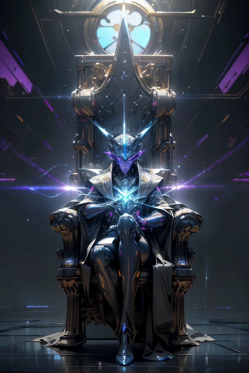 (best quality,4k,8k,highres,masterpiece:1.2),ultra-detailed,(realistic,photorealistic,photo-realistic:1.37),cybernetic world god,cybernetic and internet world,full-body shot,frontal,seated on a throne,machine face,entirely mechanical,wired up,center of a large room,distant angle,illuminated by vibrant neon lights,glowing circuits,exquisite metalwork,elegant and intricate design,high-tech atmosphere,advanced holographic displays,projecting data and information,intense blue and purple color scheme,intriguing shadows and reflections,dynamic energy emanating from the throne}-