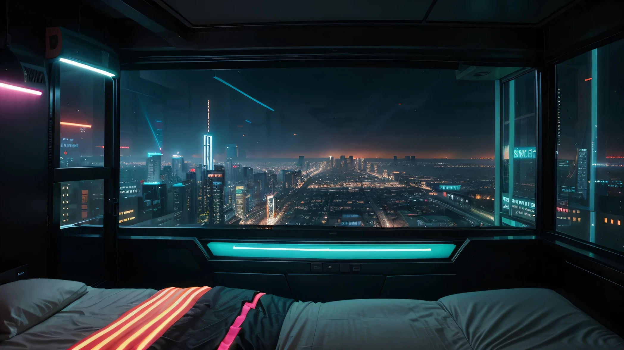 No quarto estilo Blade Runner, the atmosphere is charged with futuristic nostalgia and a sense of urban gloom. The bedroom's panoramic windows stretch from floor to ceiling, offering a stunning view of the cyberpunk city stretching to the distant horizon. Flashing neon lights and dancing holograms paint a vibrant, surreal picture of the urban environment outside.