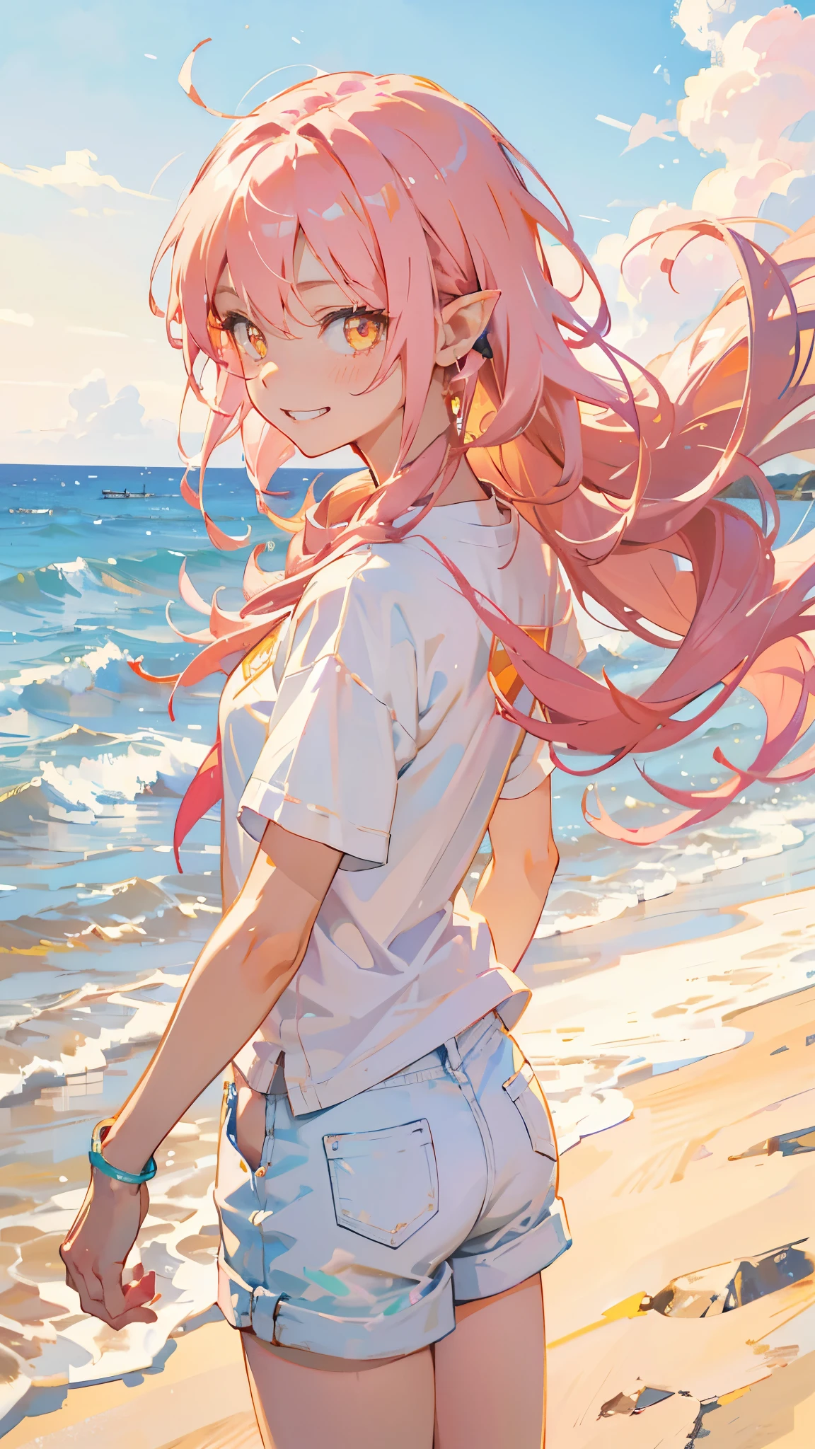 16-year-old girl、Pink Hair、Long Hair、Twin Drill、Beautiful yellow eyes、Pointy Ears、Grin、From the side、White T-shirt、White shorts、Anime style painting、Very detailed、Vibrant colors、Beach Scenery、Soft lighting、Summer mood