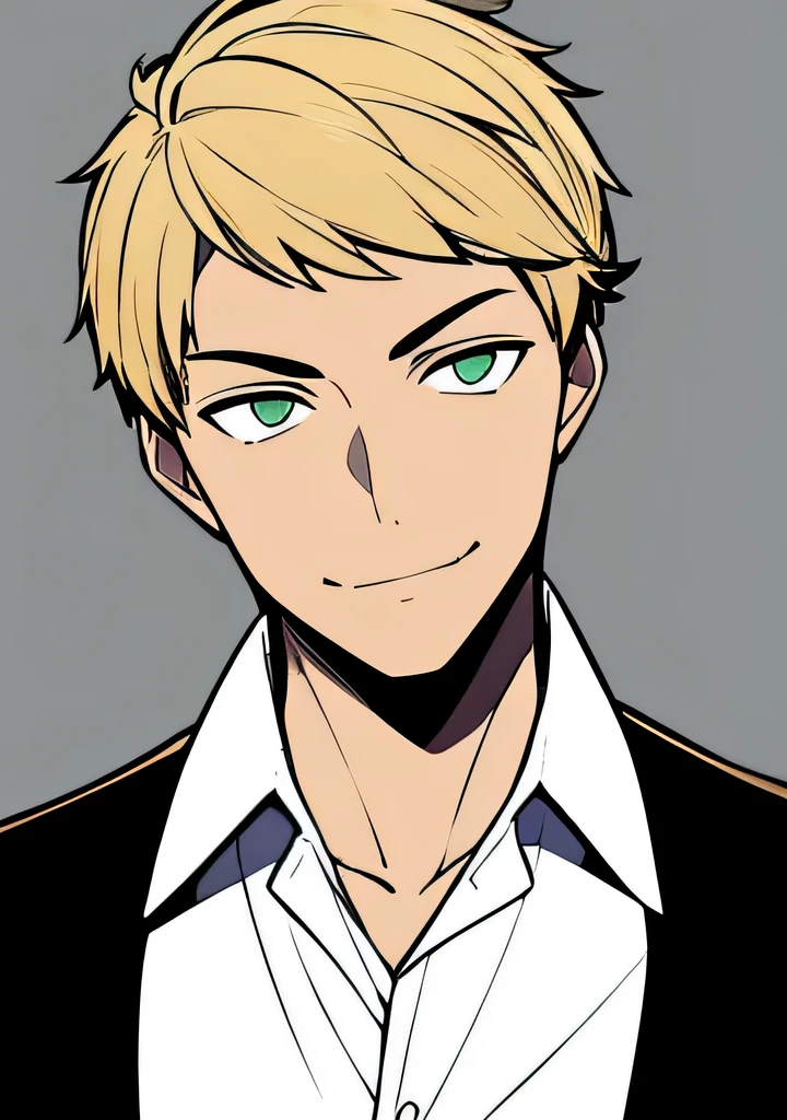 One young Adult male, brownish tanned skin, handsome, dirty blonde short hair, green eyes, confident yet kind expression, smug smile, wearing white collared shirt and black jacket, portrait style, facing forwards, plain grey background