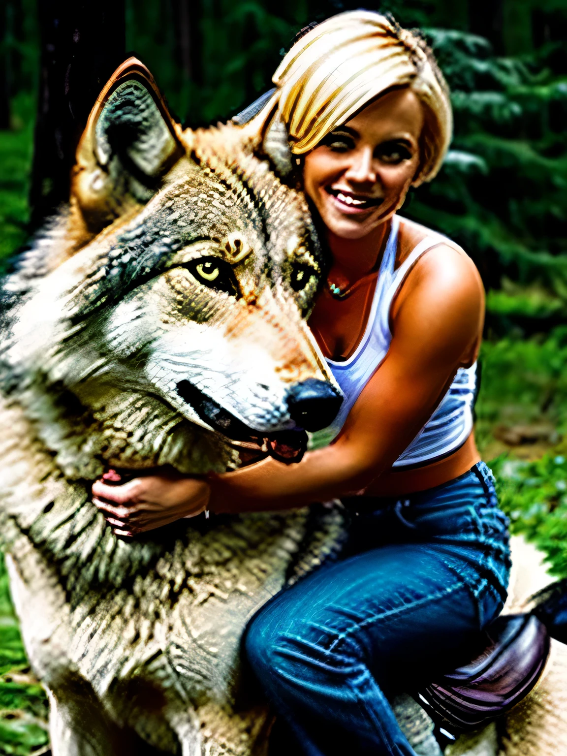 girl blonde short hair riding a wolf