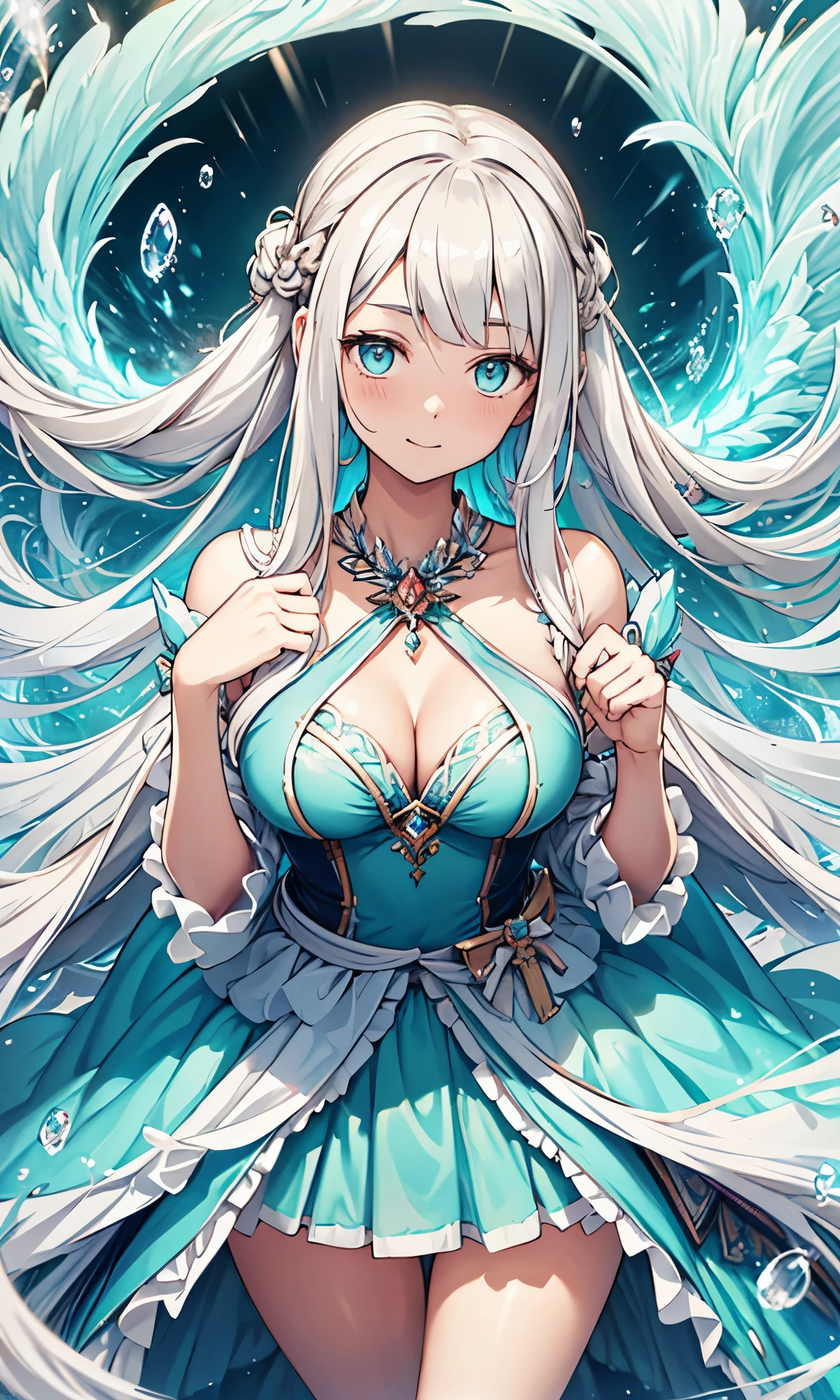 Create a captivating visual representation of a Kawaii girl with platinum blonde hair, parted bangs, and hair tied up on both sides. Her long, transparent hair cascades down, framing her beautiful and delicate emerald eyes. This solitary girl is drawn in ultra-detailed style, with a permanent smile etched on her face. She dons idol costumes, exuding a good and pure aura.
The background is transparent, allowing the focus to remain solely on her. Her features are extremely delicate and beautiful, making both her eyes the same shape and color, in the anime style. Her high-quality design radiates in 4K resolution, making this a master
