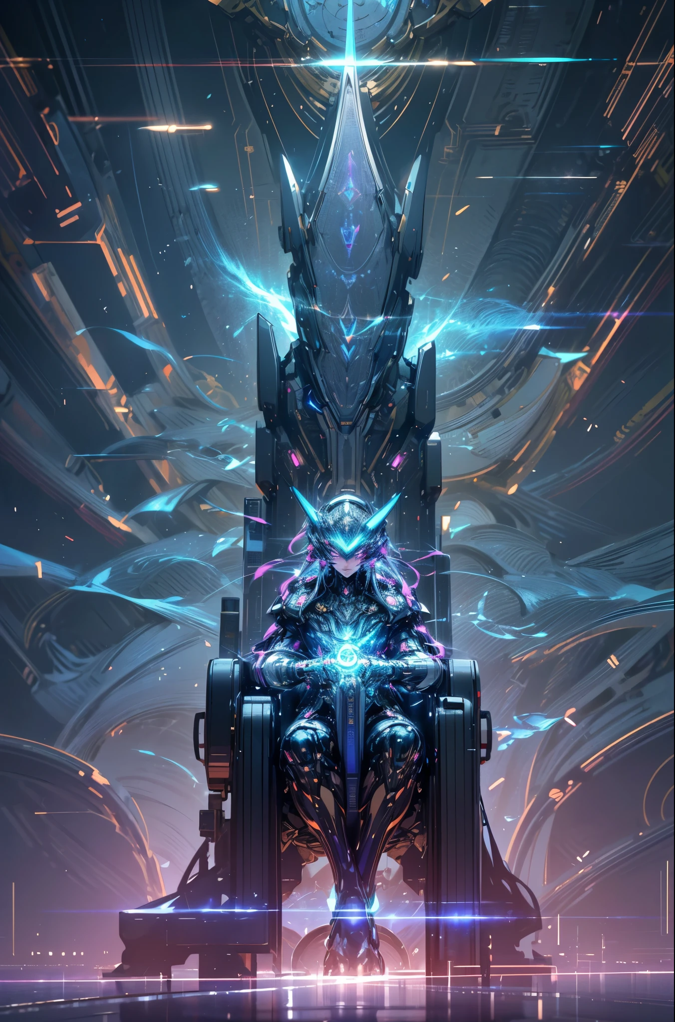 (best quality,4k,8k,highres,masterpiece:1.2),ultra-detailed,(realistic,photorealistic,photo-realistic:1.37),cybernetic world god,cybernetic and internet world,full-body shot,frontal,seated on a throne,machine face,entirely mechanical,wired up,center of a large room,distant angle,illuminated by vibrant neon lights,glowing circuits,exquisite metalwork,elegant and intricate design,high-tech atmosphere,advanced holographic displays,projecting data and information,intense blue and purple color scheme,intriguing shadows and reflections,dynamic energy emanating from the throne}-