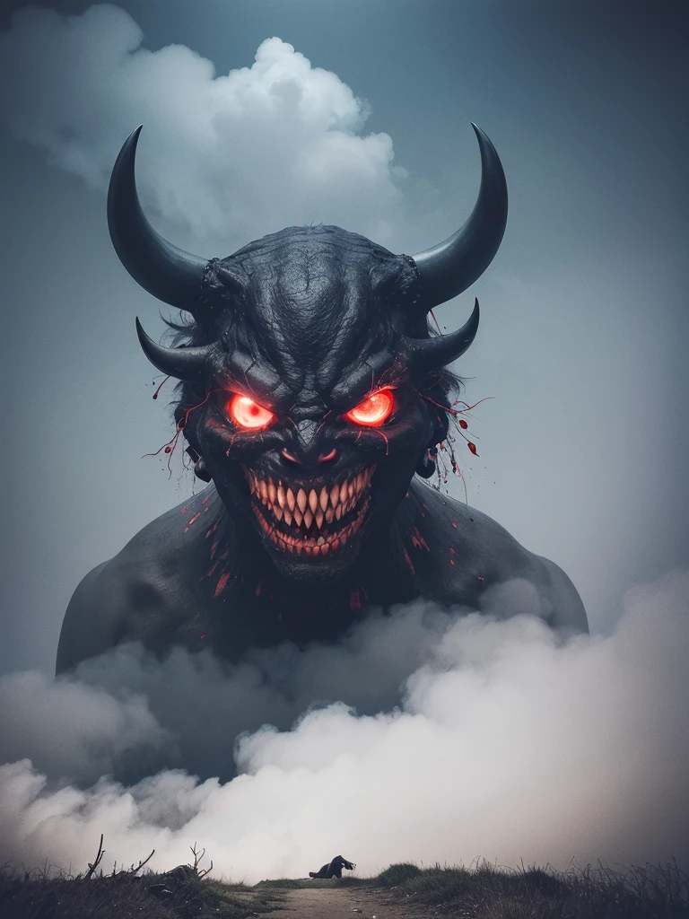 an awful bull, red fired eyes, full body, 
horror, broken, distorted, sky, fog, smoke, dark forest, 
Junji Ito, 
masterpiece, ultra high res, high quality,