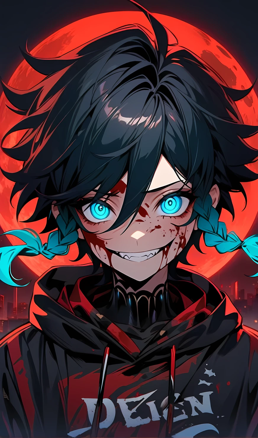 Venti from genshin impact, danger ,solo,crazy evil smile,villain,blood on face ,wearing street wear, night city,red moon background,sad,highly detailed eyes, highly detailed face, highly detailed background,look at viewer,1 man