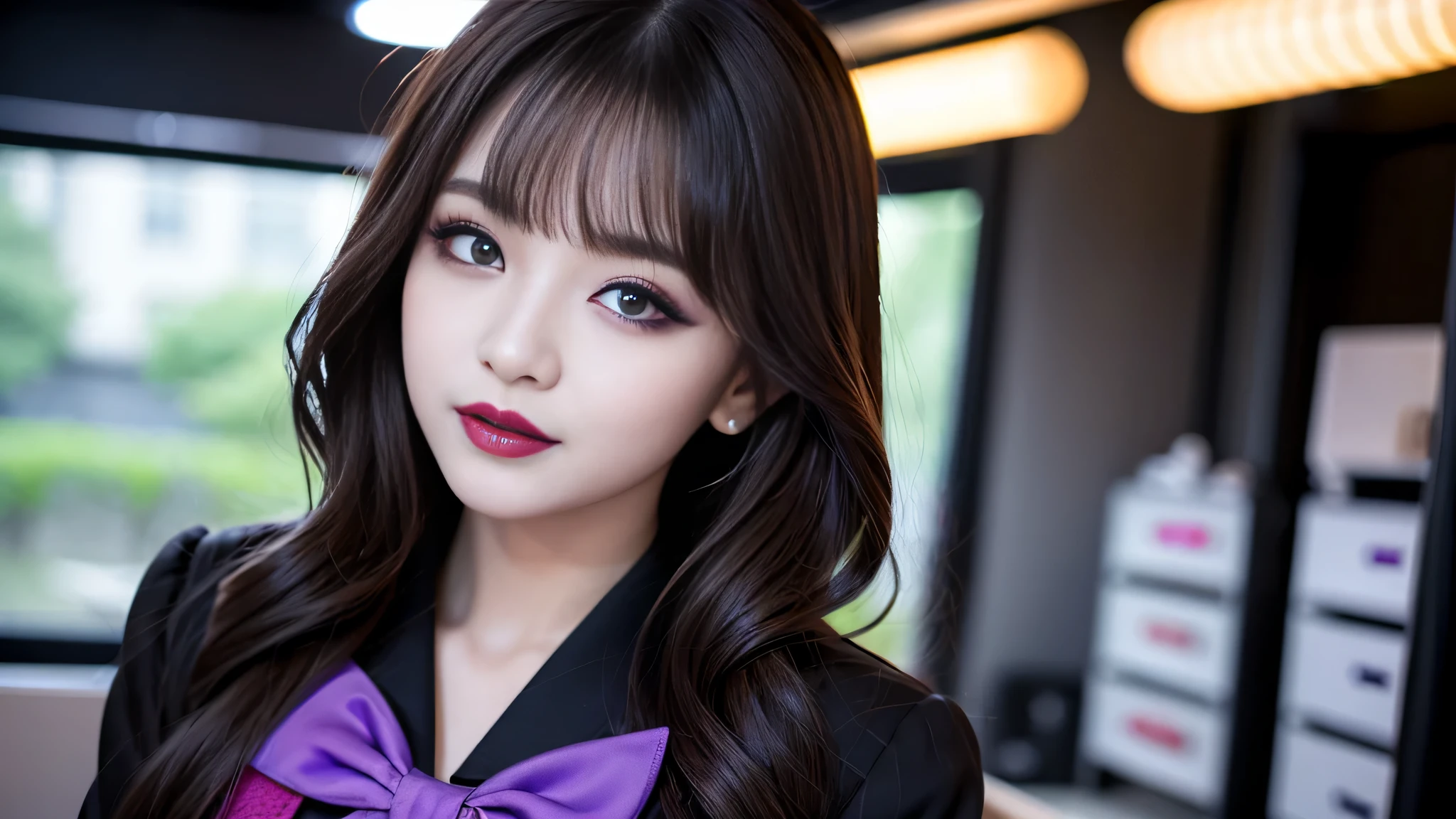 best quality、ultra-detailed、4k、Japanese、Seductive beauty、seductive adult woman、Pretty Woman、cool girl、Villainess、Brainwashed、brainwash、Fallen into evil、smirk、Evil look、Wicked Smile、evil、Brown hair、wavy hair、swept bangs、dark makeup、dark makeup、piercing eyes、hollow eyes,half-closed eyes、Hollow Eyes、purple Eyeshadow、black lipstick、black lipglos、Female student、uniform、Sailor suit、night、inside darkroom、Seduce、Applying lipstick、