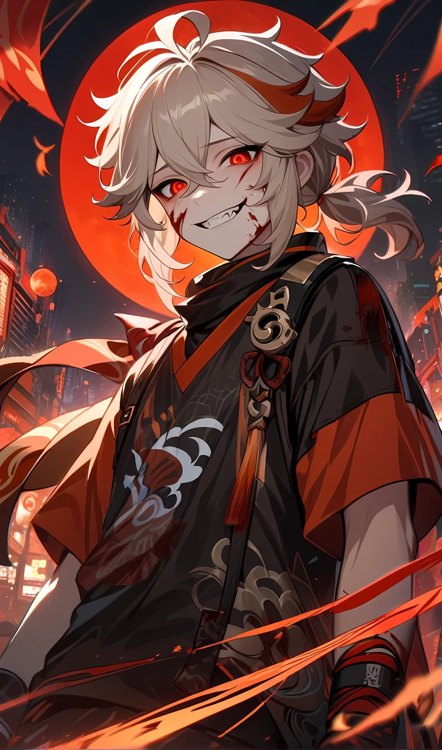Kaedehara Kazuha from genshin impact, danger ,solo,crazy evil smile,villain,blood on face ,wearing street wear, night city,red moon background,sad,highly detailed eyes, highly detailed face, highly detailed background,look at viewer,1 man