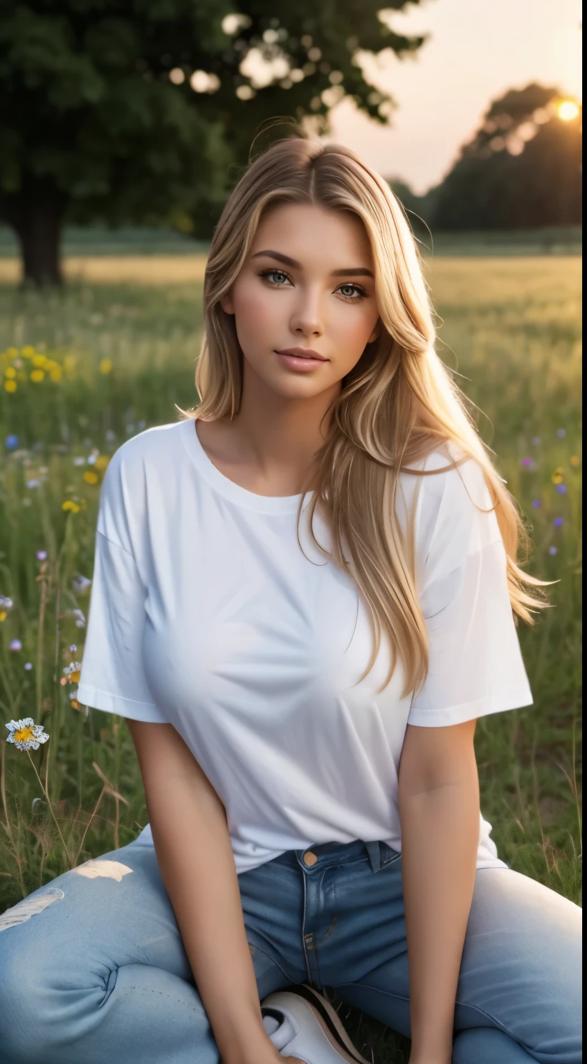 Foto hiperrealista en primer plano de Emily Sears, masterpiece, best quality, (photorealistic:1.4), full body, (white oversize male t-shirt:1.1), (blue jeans:1.2), brown sandals, she is sitting on the ground around is flowery meadow, summer evening, sunset, cinematic light, beautiful woman, skinny, large big breasts, straight blond hair, detailed face, smile, facing the camera, photo taken from a distance, age of 20 years old,