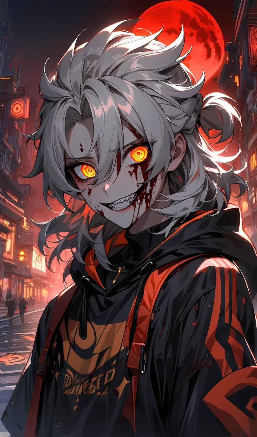 Albedo from genshin impact, danger ,solo,crazy evil smile,villain,blood on face ,wearing street wear, night city,red moon background,sad,highly detailed eyes, highly detailed face, highly detailed background,look at viewer,1 man