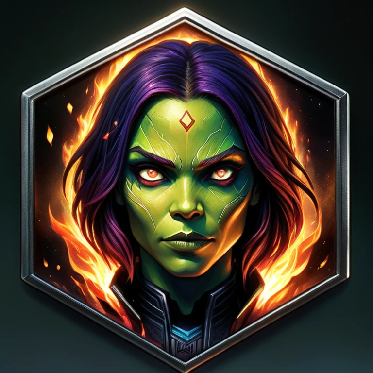 Type de badge,Seulement badge,Insigne de type gamora,Seulement,regarder le spectateur,yeux bleus,1girl,foyer masculin,pas d'humains,glowing,fond noir,portrait,tout droit,fire
