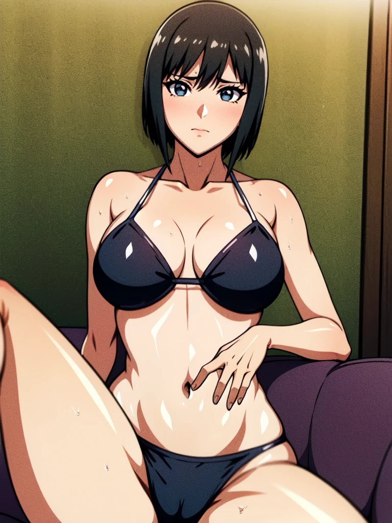 (shizune, black eyes, perfect eyes, detailed face), shiny skin