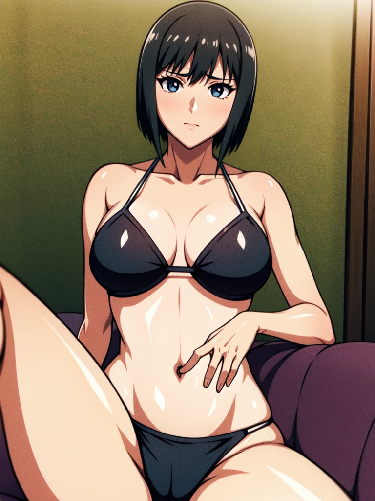 (shizune, black eyes, perfect eyes, detailed face), shiny skin