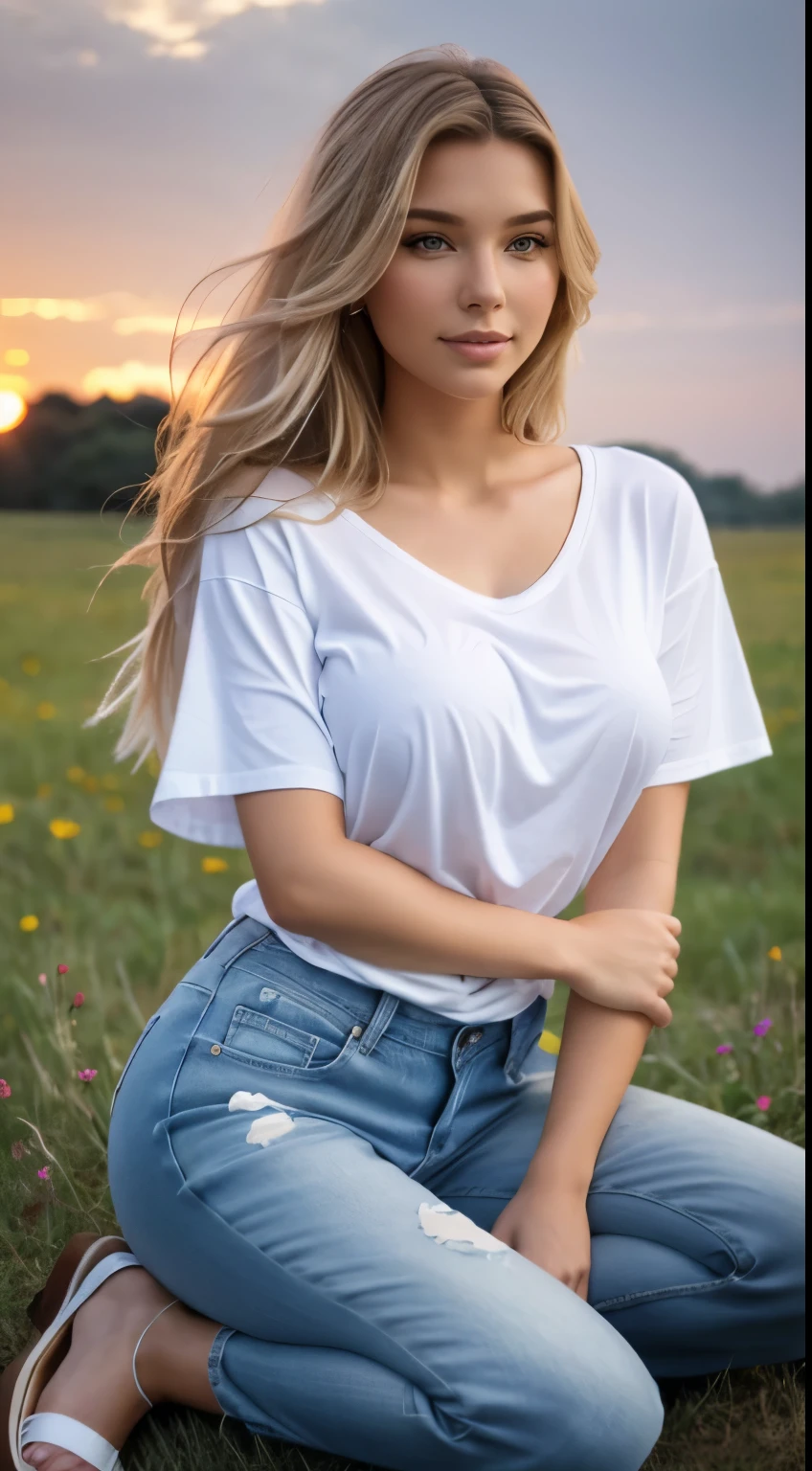 Foto hiperrealista en primer plano de Emily Sears, masterpiece, best quality, (photorealistic:1.4), full body, (white oversize male t-shirt:1.1), (blue jeans:1.2), brown sandals, she is sitting on the ground around is flowery meadow, summer evening, sunset, cinematic light, beautiful woman, skinny, large big breasts, straight blond hair, detailed face, smile, facing the camera, photo taken from a distance, age of 20 years old,