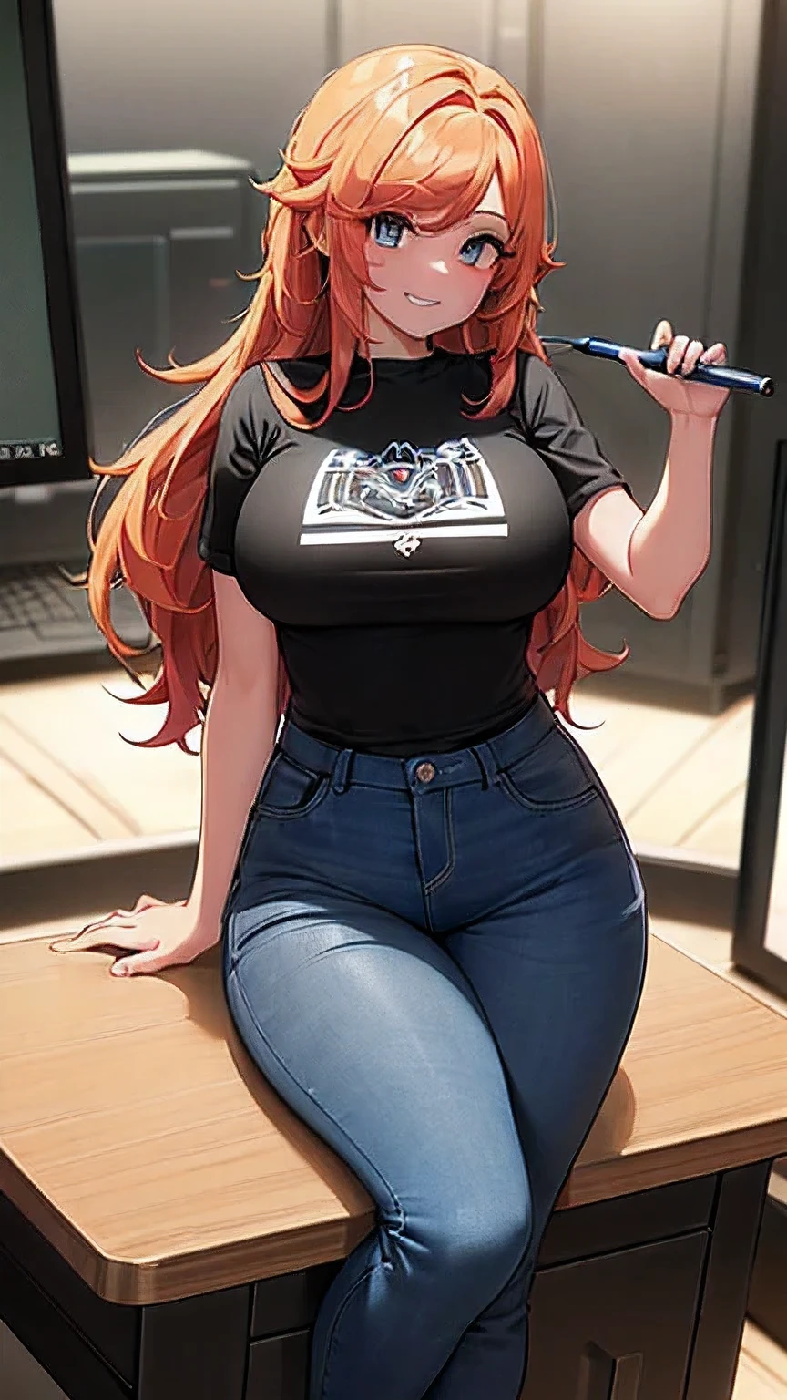 (8k, RAW foto, mejor calidad, (Obra maestra, super high quality, super detailed), anime style chica joven, random color of hair and style Absoluto, detalles intrincados, Mujer arafed apoyada en un escritorio con tres pantallas de computadora., showing stock charts, En frente de una computadora, sentado en una computadora desk, mirando el monitor, sentado frente a la computadora, sentado en una computadora, Comercio, sentado en un escritorio, Proveedores, Comercio stocks, centrado en el centro, sentado en el escritorio, accurately portrayed, A confident, curvy woman with a captivating smile, Cuerpo completo ((manos finas y detalladas)), mostrando su figura y una cintura bien definida, culata, vista trasera