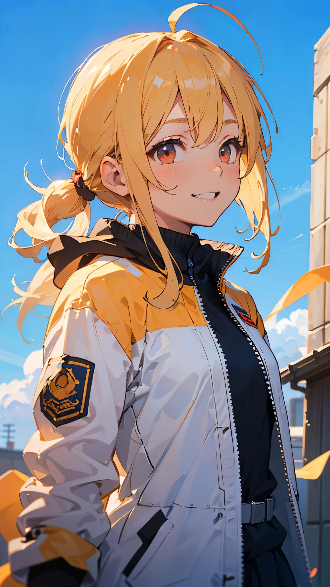 (highest quality、Ultra-fine、Genuine)、Genki girl、Small breasts、Riders jacket、blonde、Red Eye、ponytail、Ahoge、From the side、gloves、Bright smile、Building roof、Blowing in the Wind、blue sky、Upper body close-up、Sharp contours
